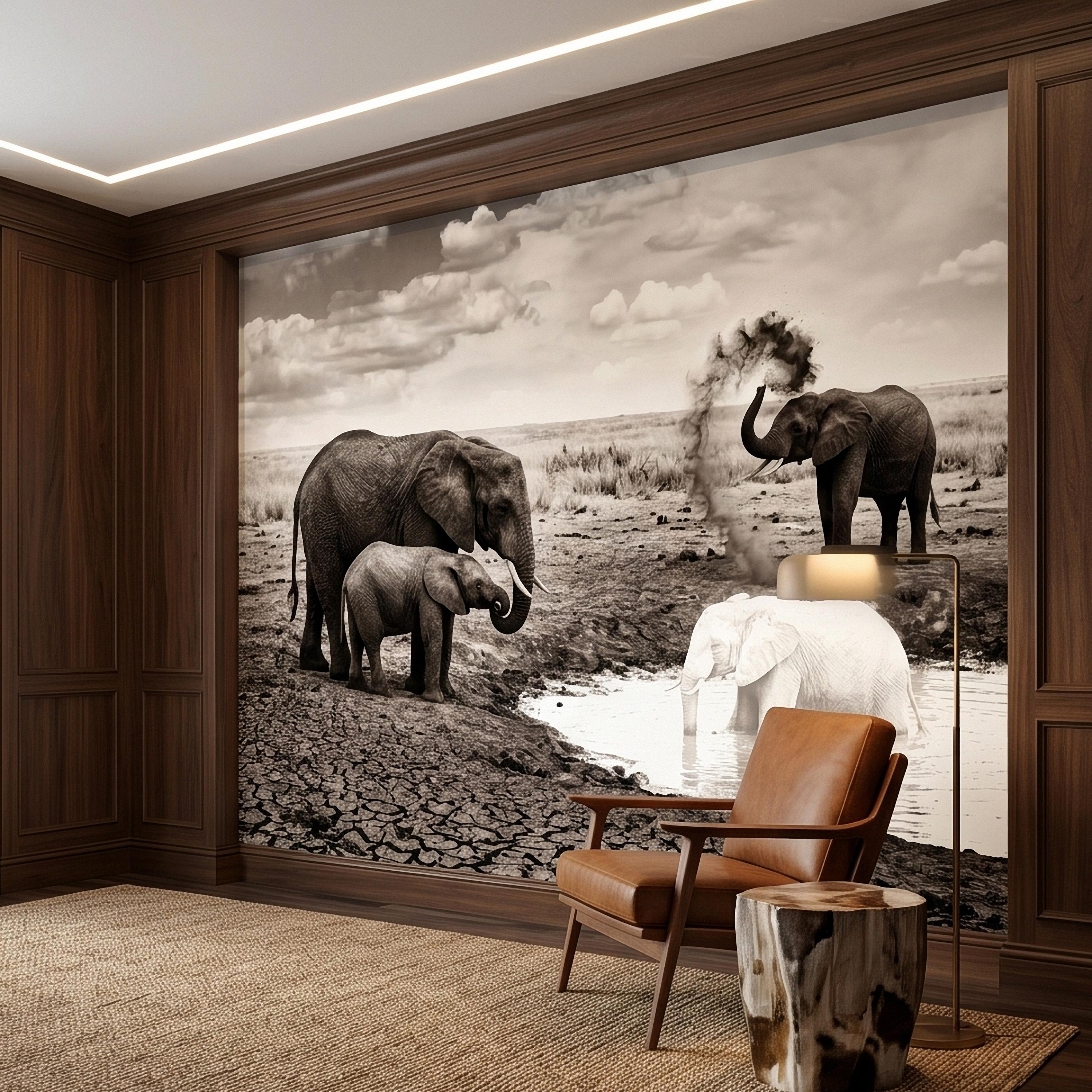 Elephant Family Safari Peel and Stick Wall Mural, Sepia African Wildlife at Waterhole, Dramatic Dusty Storm Scene, Vintage Nature Wallpaper