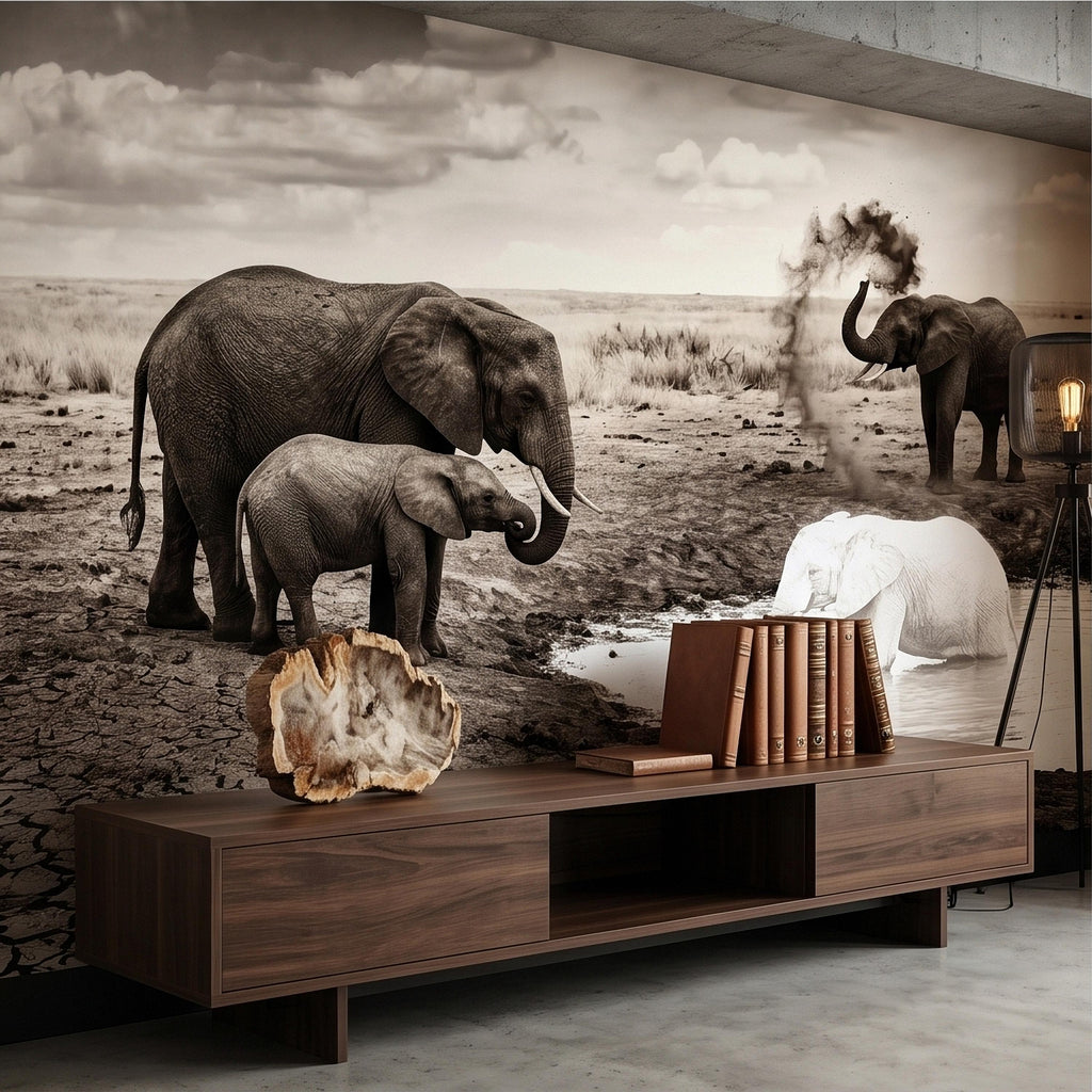 Elephant Family Safari Peel and Stick Wall Mural, Sepia African Wildlife at Waterhole, Dramatic Dusty Storm Scene, Vintage Nature Wallpaper