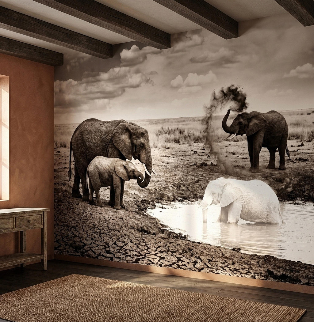Elephant Family Safari Peel and Stick Wall Mural, Sepia African Wildlife at Waterhole, Dramatic Dusty Storm Scene, Vintage Nature Wallpaper