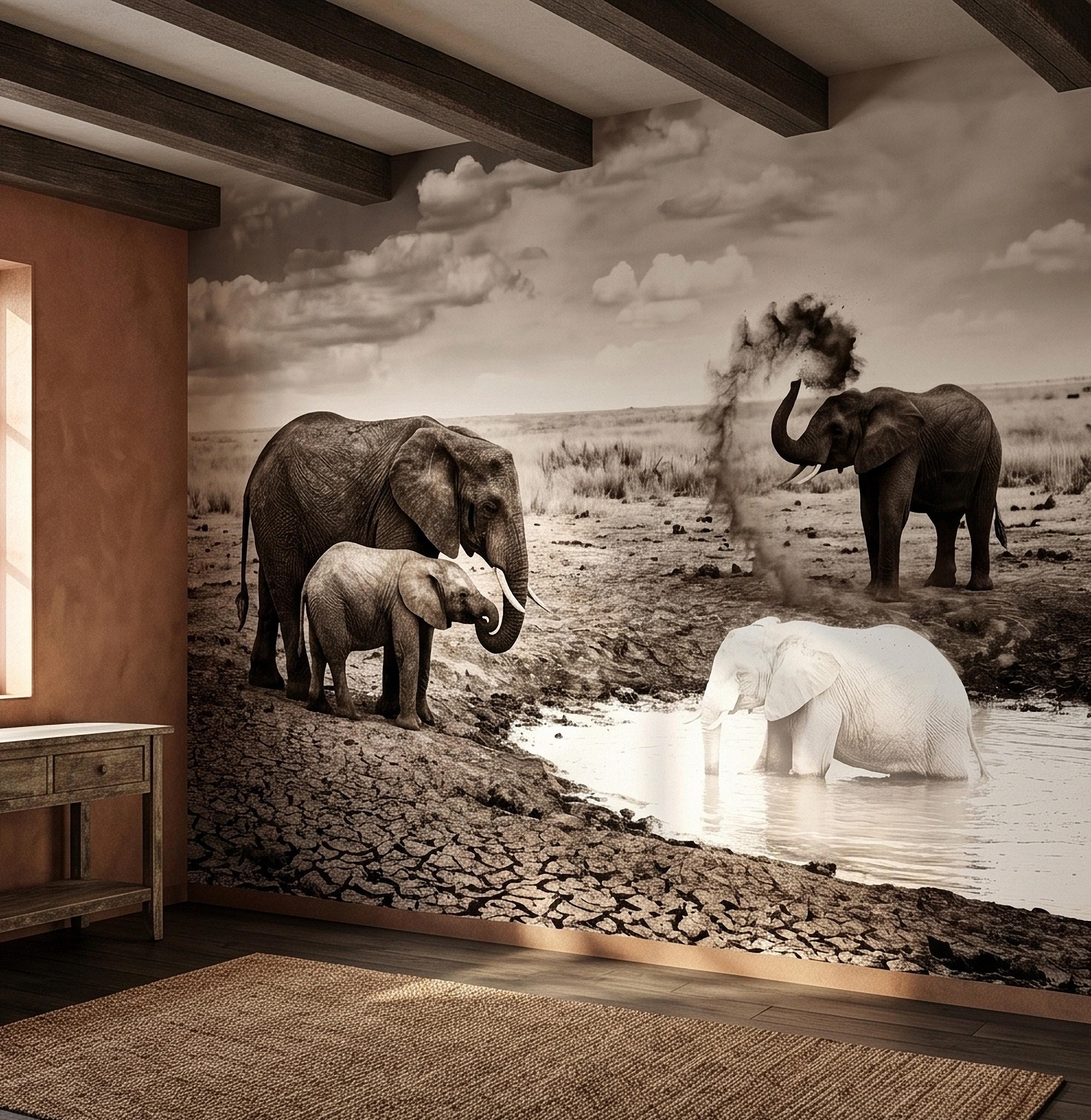 Elephant Family Safari Peel and Stick Wall Mural, Sepia African Wildlife at Waterhole, Dramatic Dusty Storm Scene, Vintage Nature Wallpaper