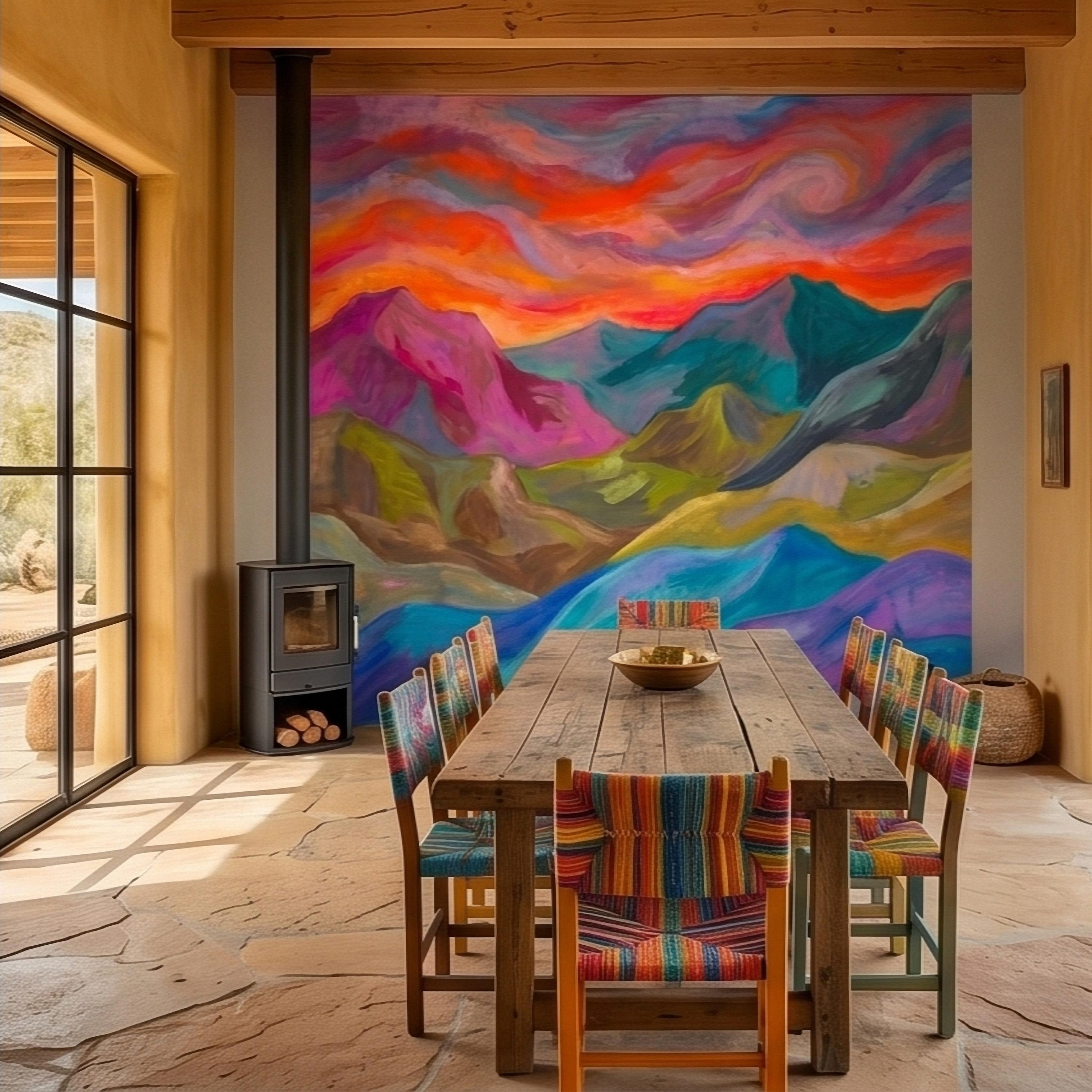 Colorful Sunset Mountain Landscape Peel and Stick Wall Mural, Vibrant Painterly Abstract Hills, Modern Boho Dreamy Rainbow Sky Wallpaper