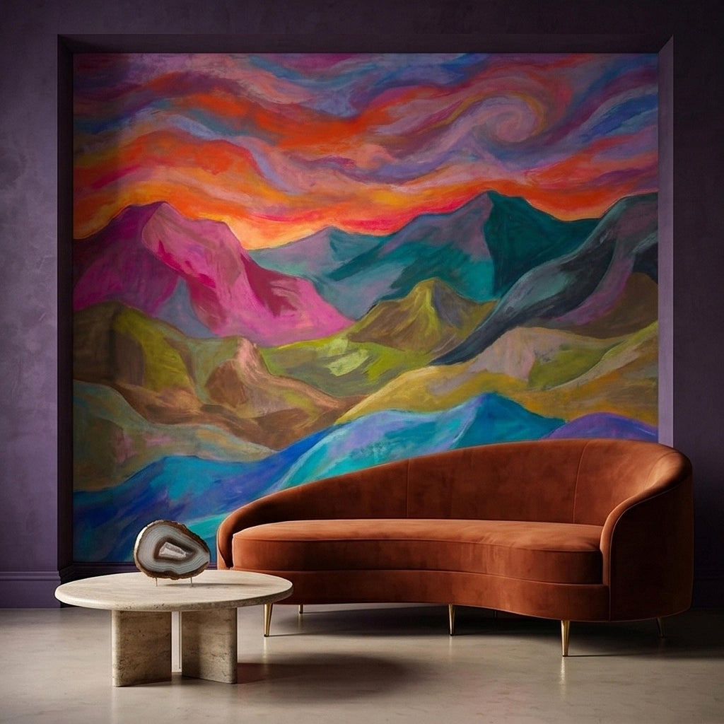 Colorful Sunset Mountain Landscape Peel and Stick Wall Mural, Vibrant Painterly Abstract Hills, Modern Boho Dreamy Rainbow Sky Wallpaper