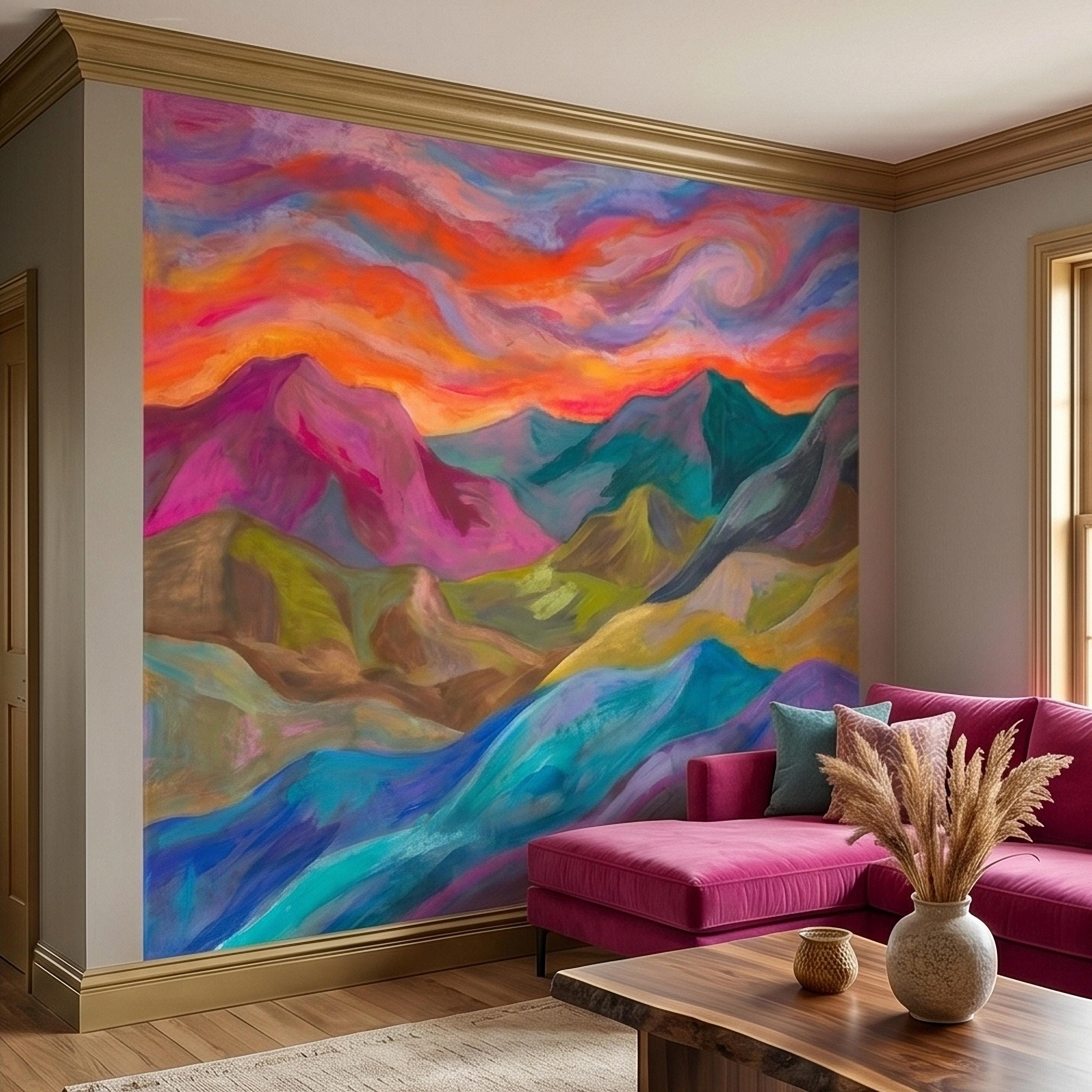 Colorful Sunset Mountain Landscape Peel and Stick Wall Mural, Vibrant Painterly Abstract Hills, Modern Boho Dreamy Rainbow Sky Wallpaper
