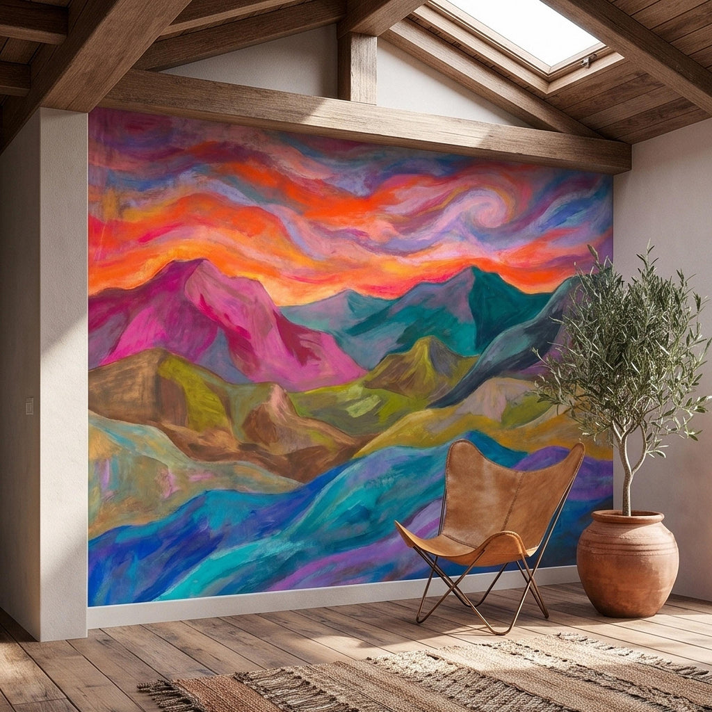 Colorful Sunset Mountain Landscape Peel and Stick Wall Mural, Vibrant Painterly Abstract Hills, Modern Boho Dreamy Rainbow Sky Wallpaper