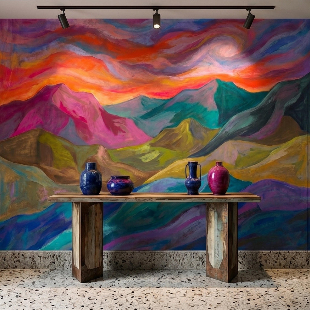 Colorful Sunset Mountain Landscape Peel and Stick Wall Mural, Vibrant Painterly Abstract Hills, Modern Boho Dreamy Rainbow Sky Wallpaper