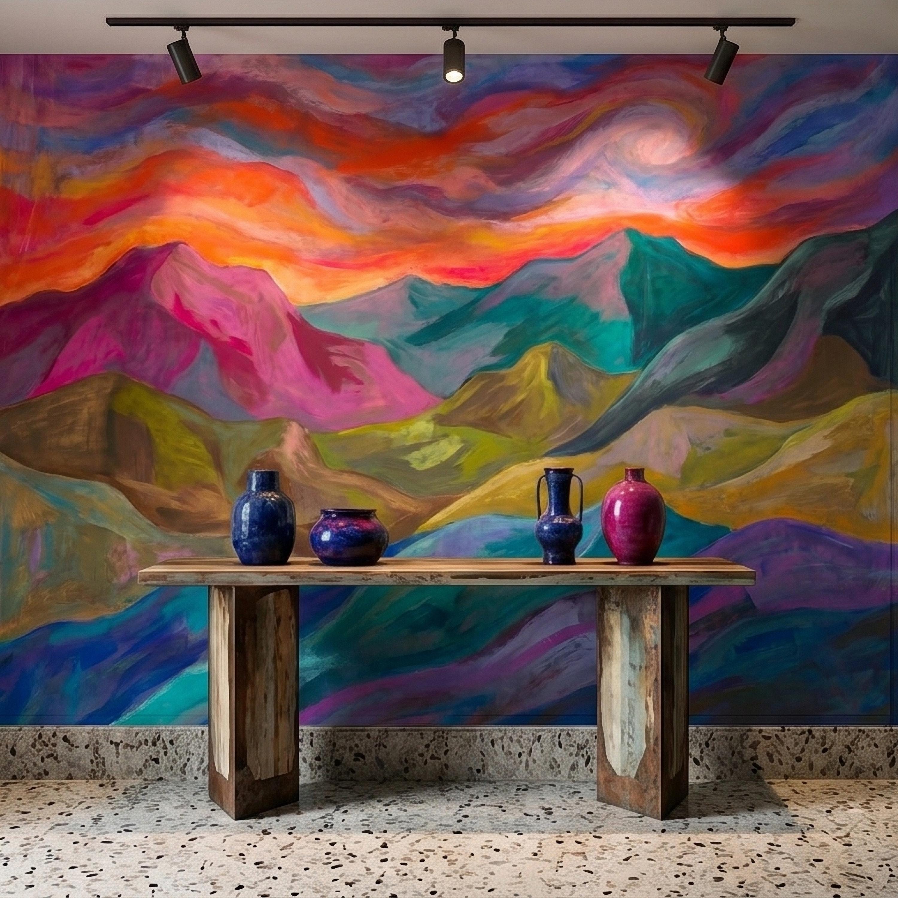 Colorful Sunset Mountain Landscape Peel and Stick Wall Mural, Vibrant Painterly Abstract Hills, Modern Boho Dreamy Rainbow Sky Wallpaper