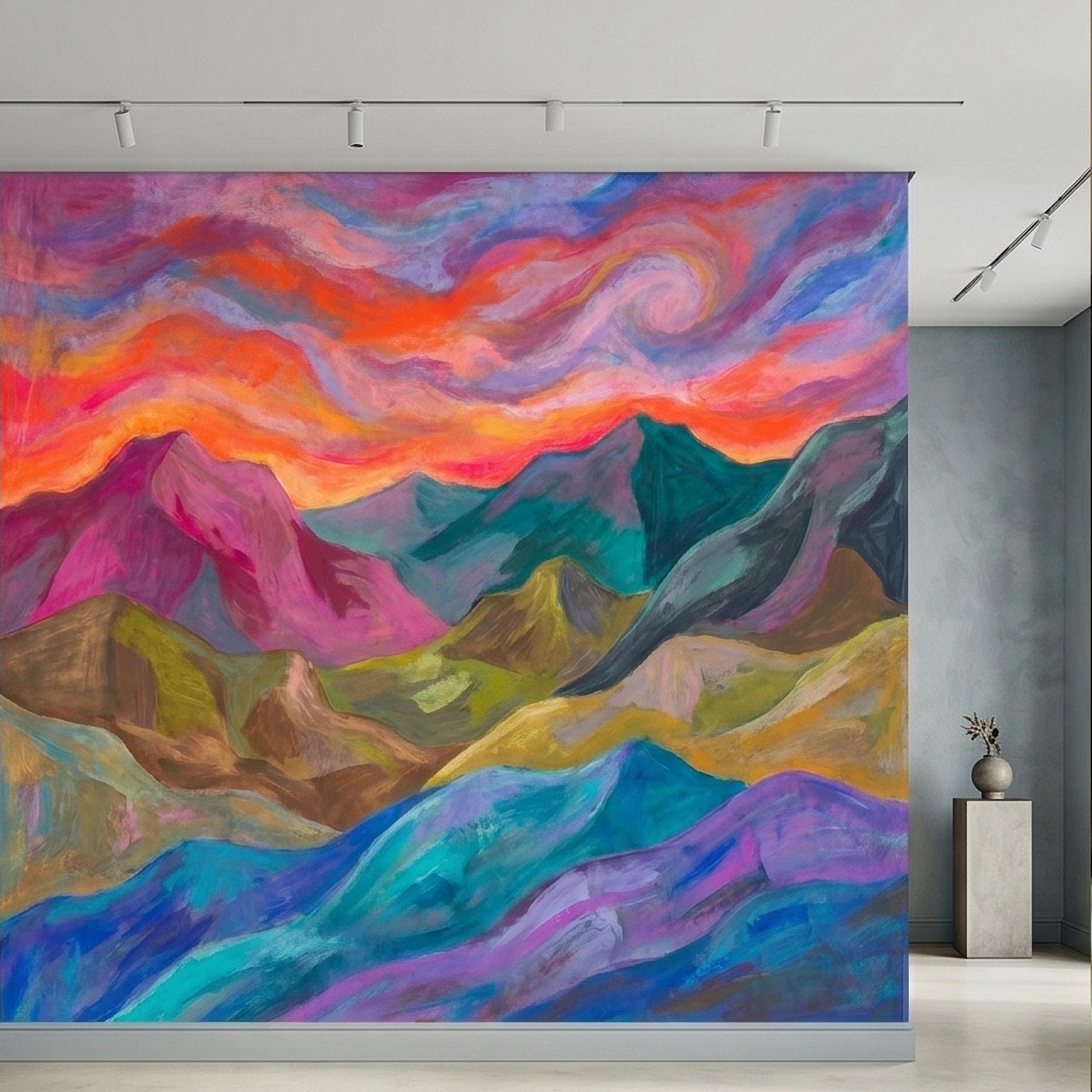Colorful Sunset Mountain Landscape Peel and Stick Wall Mural, Vibrant Painterly Abstract Hills, Modern Boho Dreamy Rainbow Sky Wallpaper