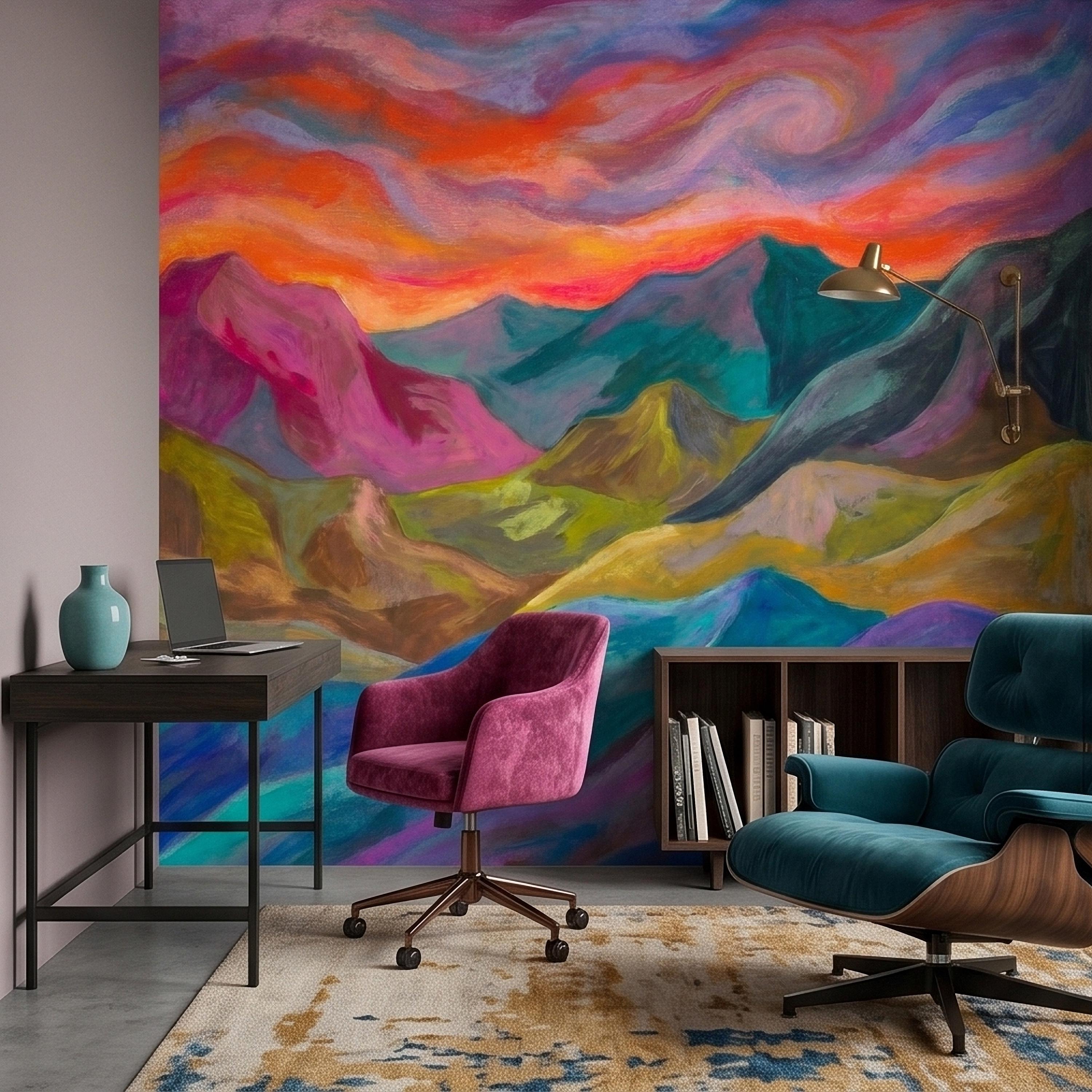 Colorful Sunset Mountain Landscape Peel and Stick Wall Mural, Vibrant Painterly Abstract Hills, Modern Boho Dreamy Rainbow Sky Wallpaper