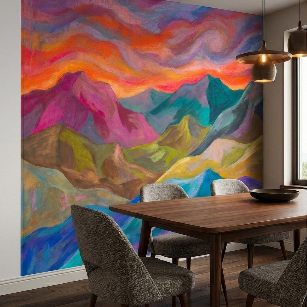 Colorful Sunset Mountain Landscape Peel and Stick Wall Mural, Vibrant Painterly Abstract Hills, Modern Boho Dreamy Rainbow Sky Wallpaper