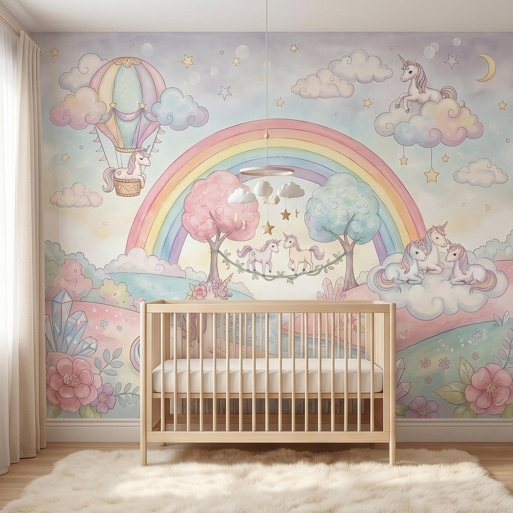 Pastel Unicorn Rainbow Peel and Stick Wall Mural, Watercolor Clouds Moon and Stars, Hot Air Balloon Fantasy Whimsical Crystal Kids Wallpaper