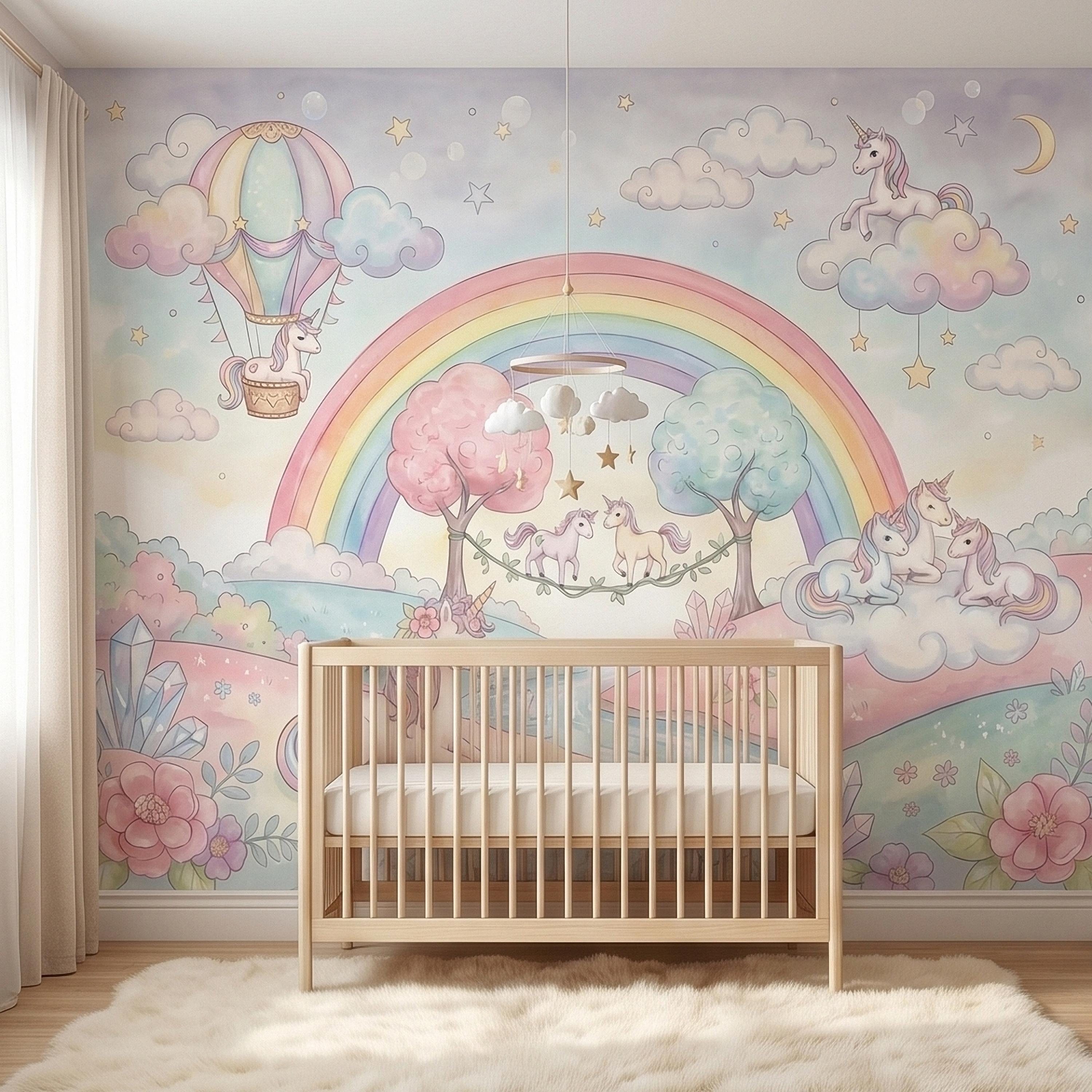 Pastel Unicorn Rainbow Peel and Stick Wall Mural, Watercolor Clouds Moon and Stars, Hot Air Balloon Fantasy Whimsical Crystal Kids Wallpaper