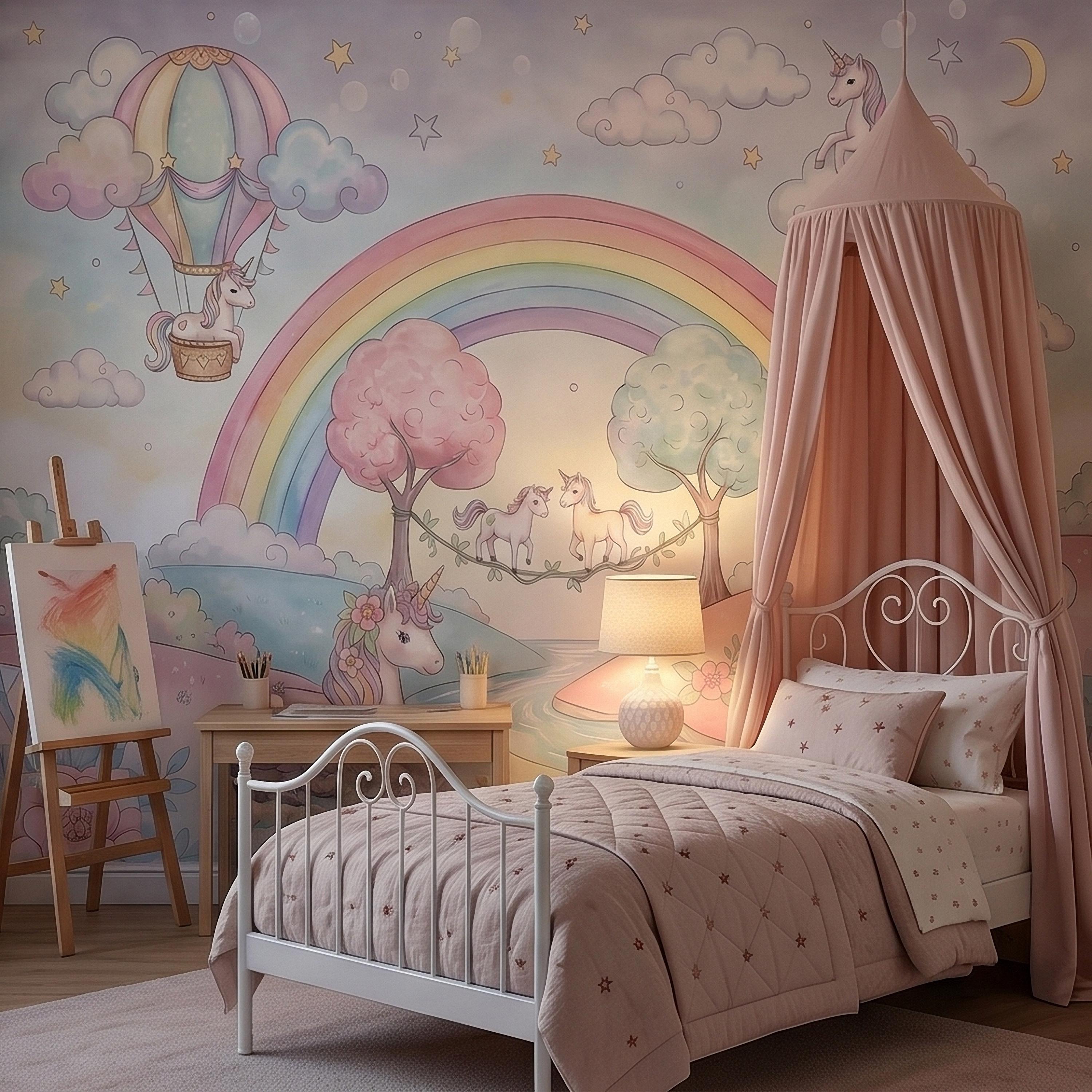Pastel Unicorn Rainbow Peel and Stick Wall Mural, Watercolor Clouds Moon and Stars, Hot Air Balloon Fantasy Whimsical Crystal Kids Wallpaper