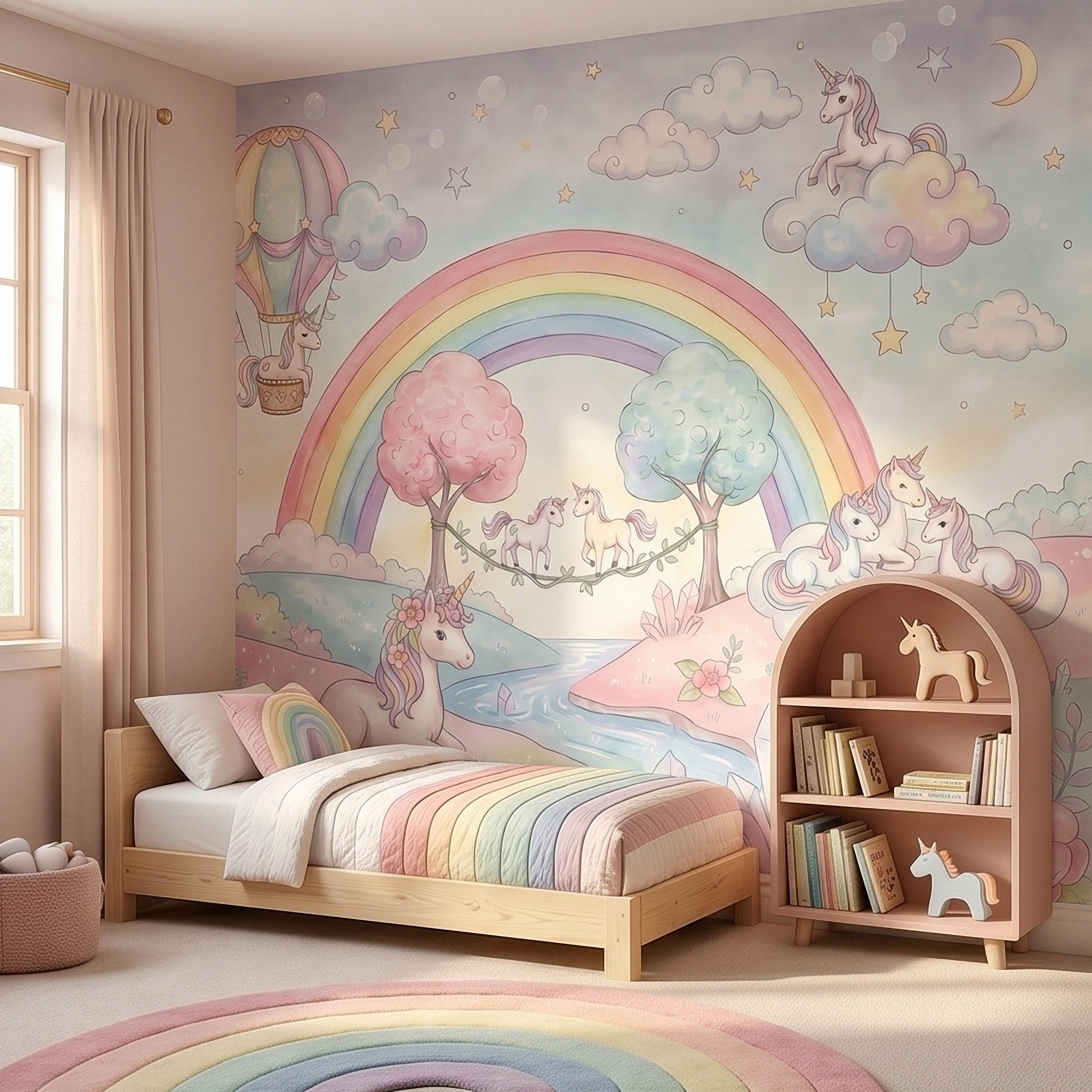 Pastel Unicorn Rainbow Peel and Stick Wall Mural, Watercolor Clouds Moon and Stars, Hot Air Balloon Fantasy Whimsical Crystal Kids Wallpaper