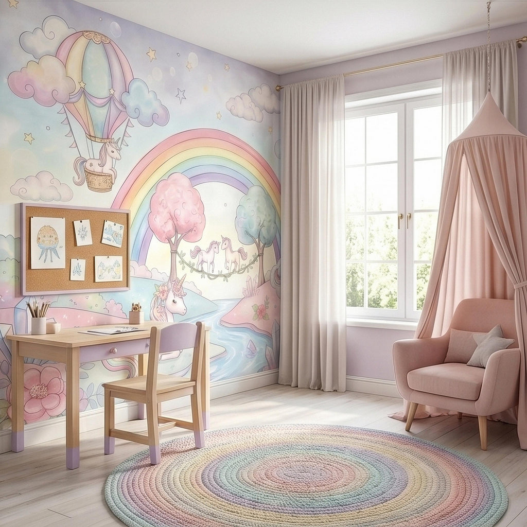 Pastel Unicorn Rainbow Peel and Stick Wall Mural, Watercolor Clouds Moon and Stars, Hot Air Balloon Fantasy Whimsical Crystal Kids Wallpaper