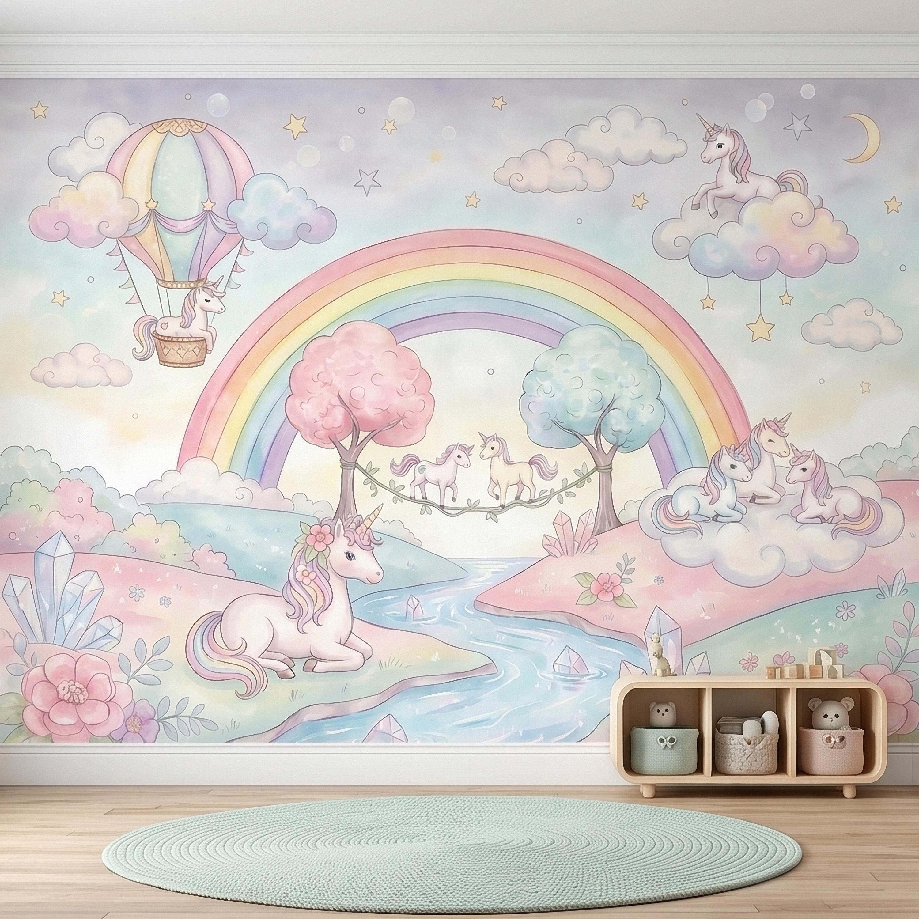 Pastel Unicorn Rainbow Peel and Stick Wall Mural, Watercolor Clouds Moon and Stars, Hot Air Balloon Fantasy Whimsical Crystal Kids Wallpaper
