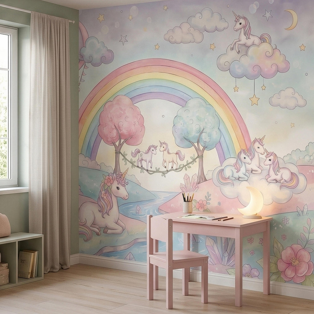 Pastel Unicorn Rainbow Peel and Stick Wall Mural, Watercolor Clouds Moon and Stars, Hot Air Balloon Fantasy Whimsical Crystal Kids Wallpaper