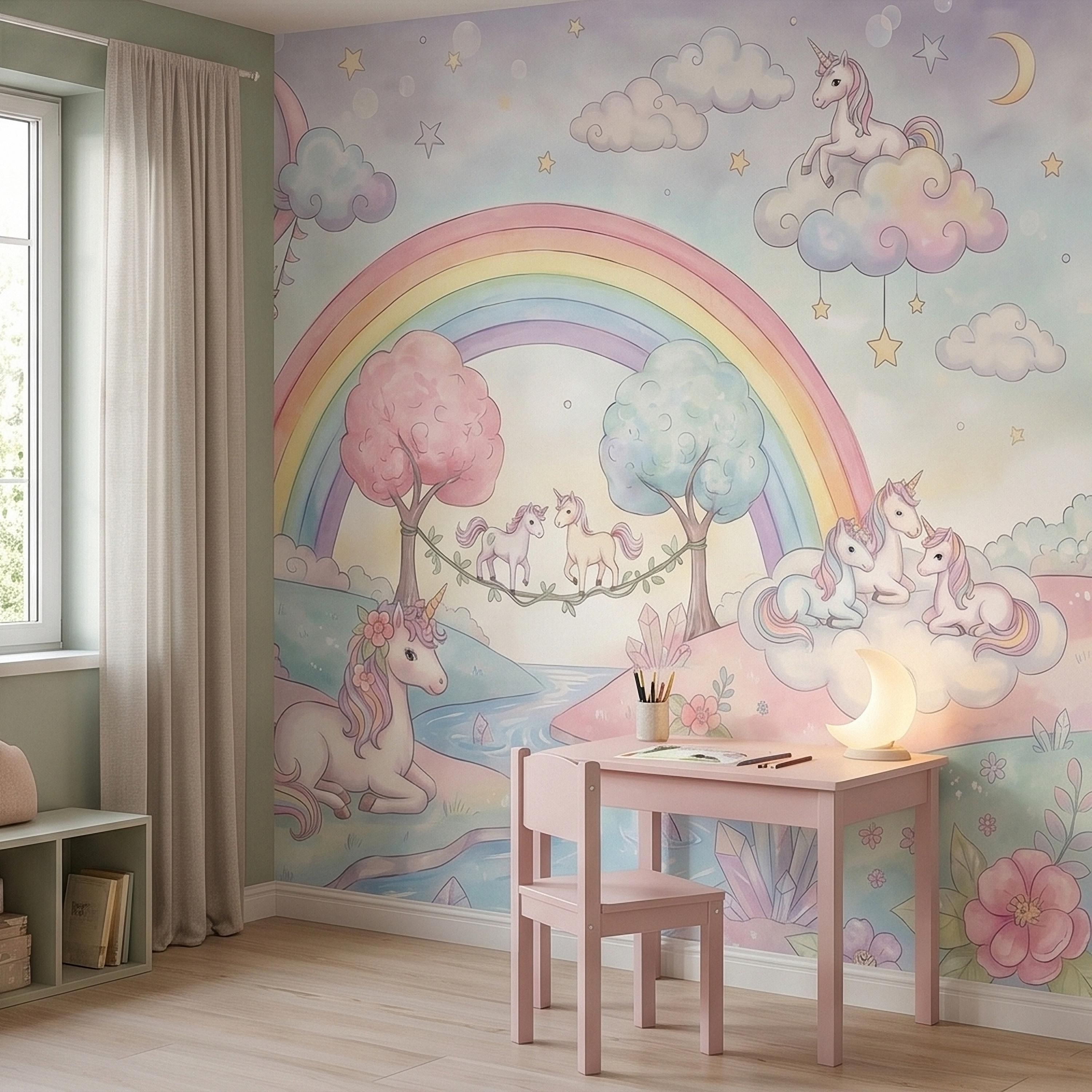 Pastel Unicorn Rainbow Peel and Stick Wall Mural, Watercolor Clouds Moon and Stars, Hot Air Balloon Fantasy Whimsical Crystal Kids Wallpaper