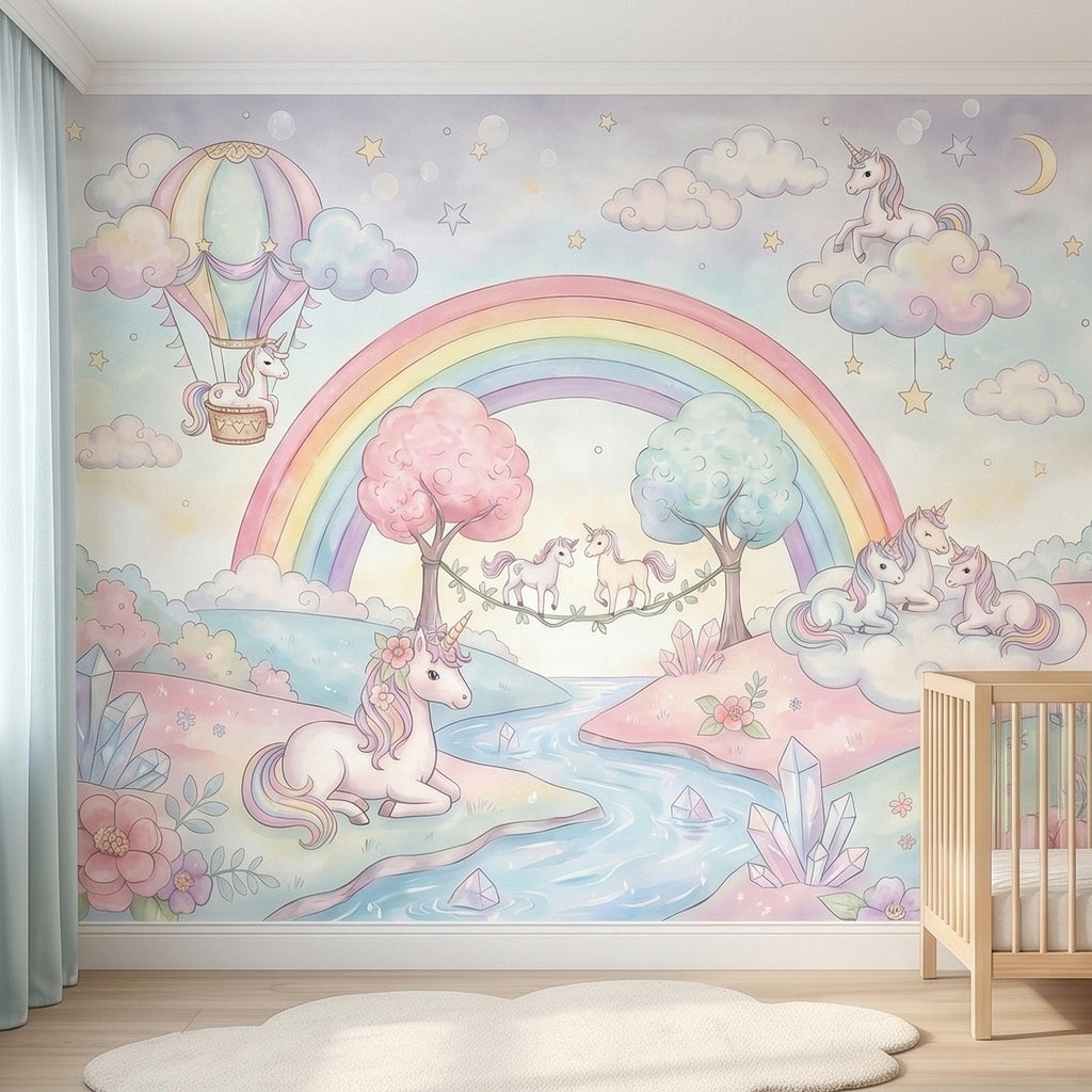 Pastel Unicorn Rainbow Peel and Stick Wall Mural, Watercolor Clouds Moon and Stars, Hot Air Balloon Fantasy Whimsical Crystal Kids Wallpaper