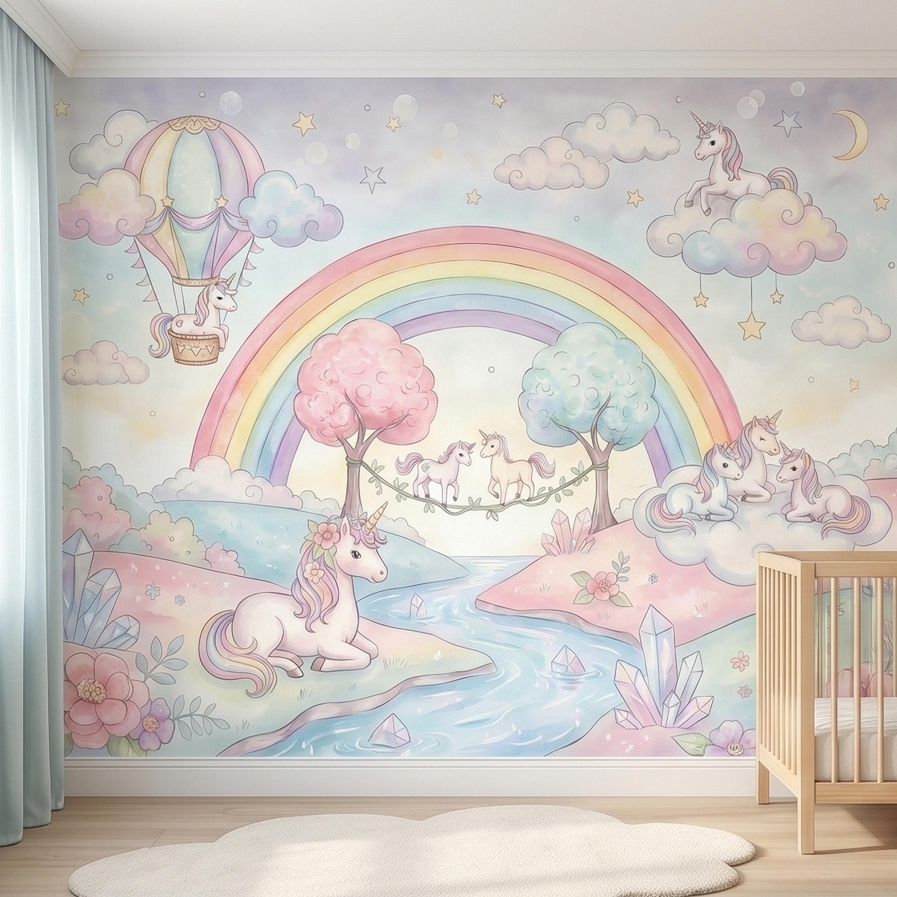 Pastel Unicorn Rainbow Peel and Stick Wall Mural, Watercolor Clouds Moon and Stars, Hot Air Balloon Fantasy Whimsical Crystal Kids Wallpaper