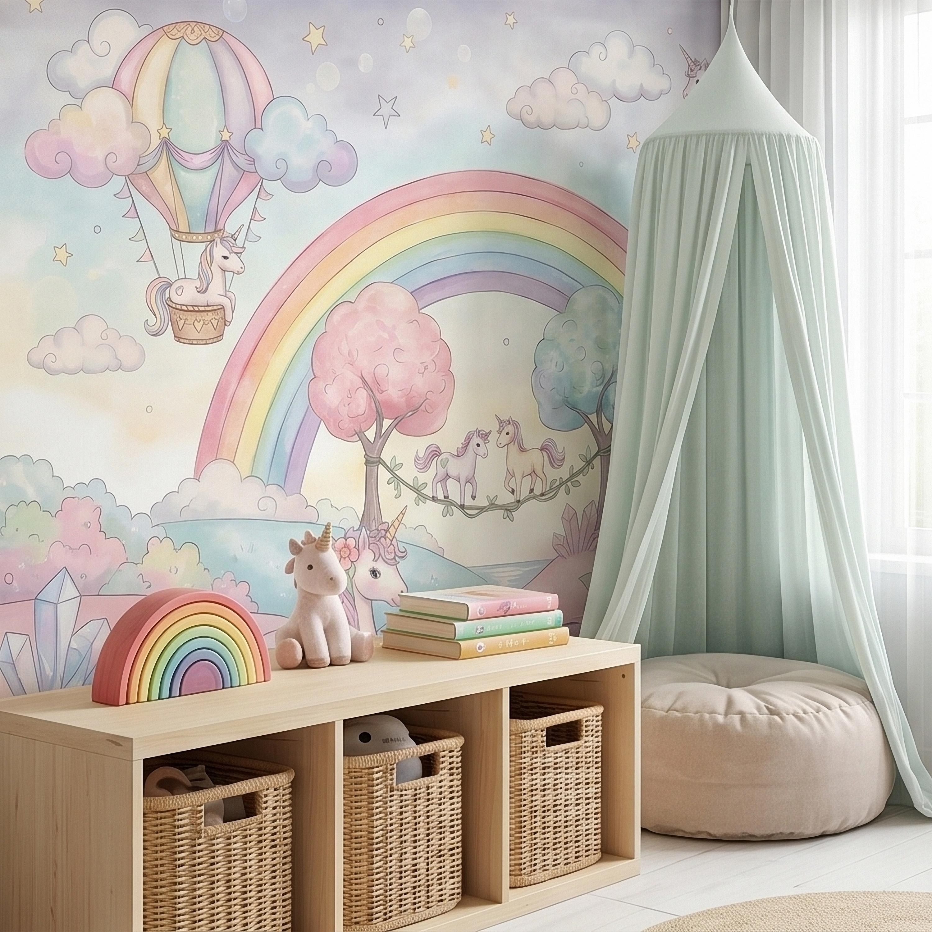 Pastel Unicorn Rainbow Peel and Stick Wall Mural, Watercolor Clouds Moon and Stars, Hot Air Balloon Fantasy Whimsical Crystal Kids Wallpaper