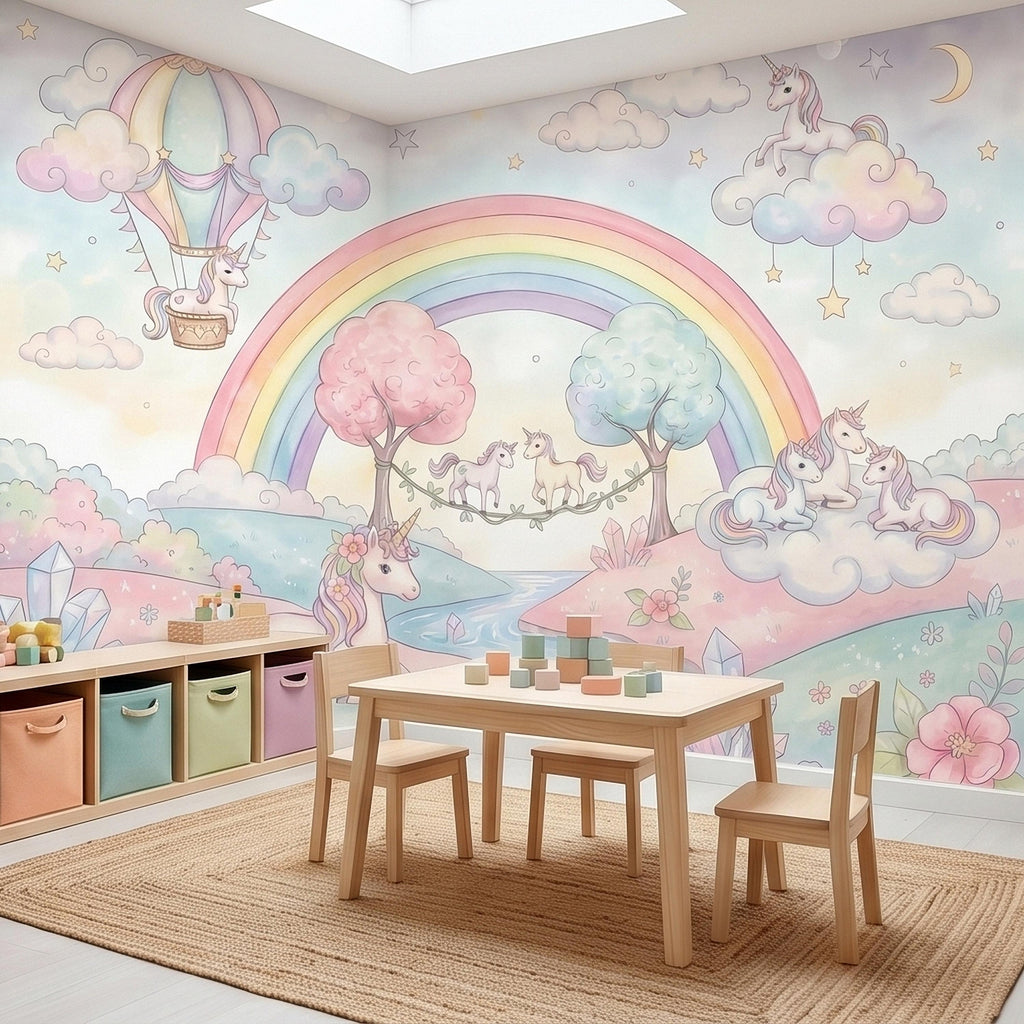 Pastel Unicorn Rainbow Peel and Stick Wall Mural, Watercolor Clouds Moon and Stars, Hot Air Balloon Fantasy Whimsical Crystal Kids Wallpaper