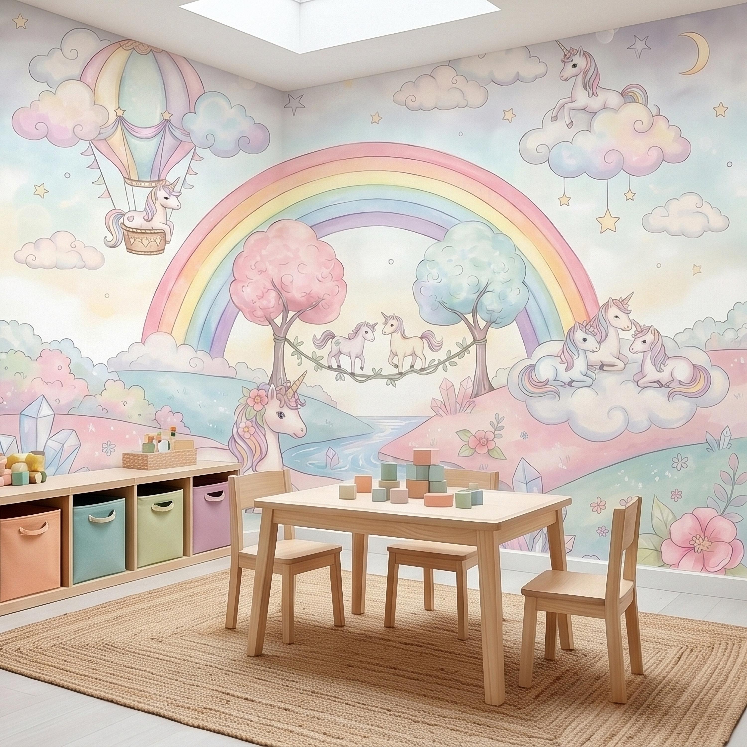 Pastel Unicorn Rainbow Peel and Stick Wall Mural, Watercolor Clouds Moon and Stars, Hot Air Balloon Fantasy Whimsical Crystal Kids Wallpaper
