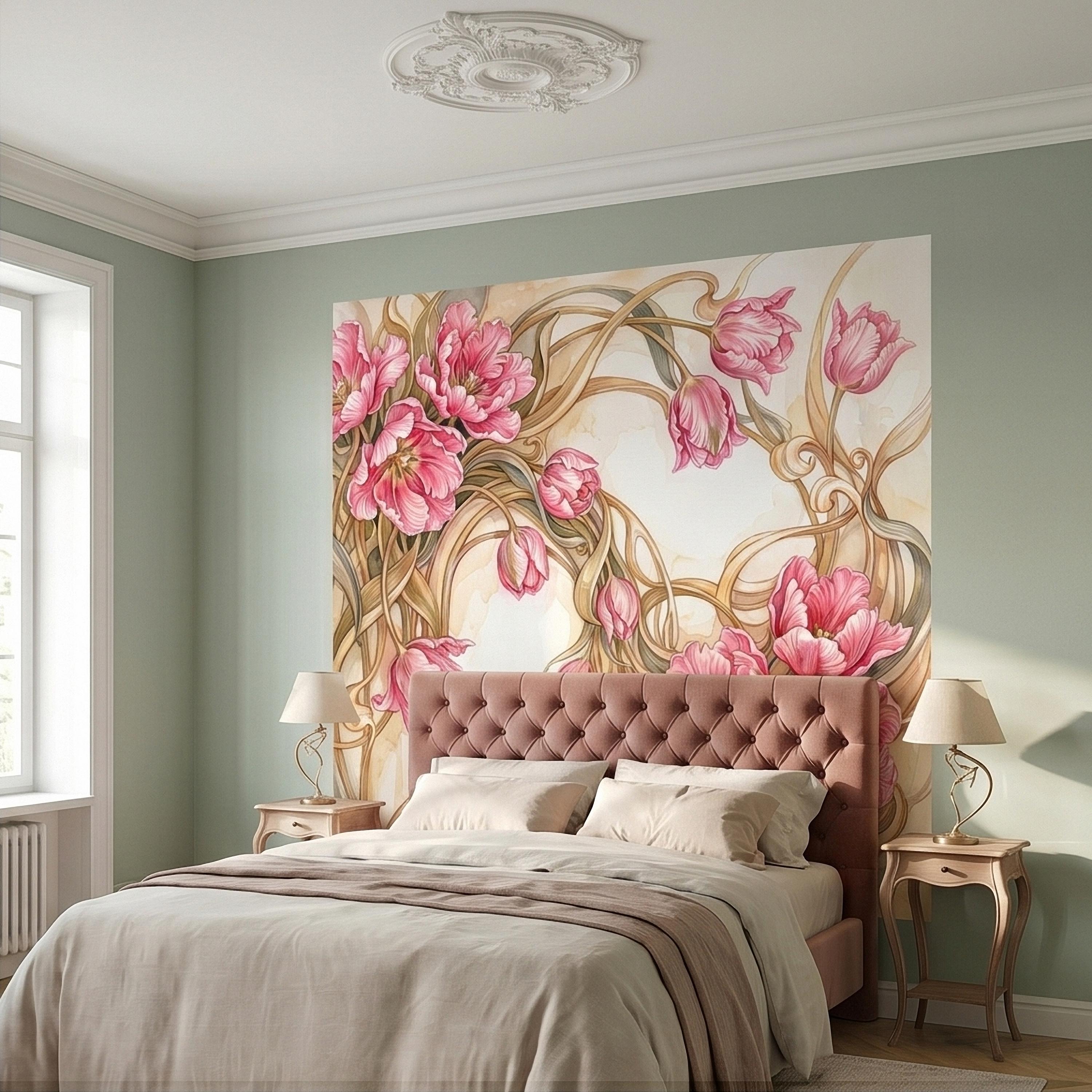 Pink Magnolia Flower Peel and Stick Wall Mural, Watercolor Floral Art Nouveau Swirls on Cream, Romantic Botanical Wallpaper