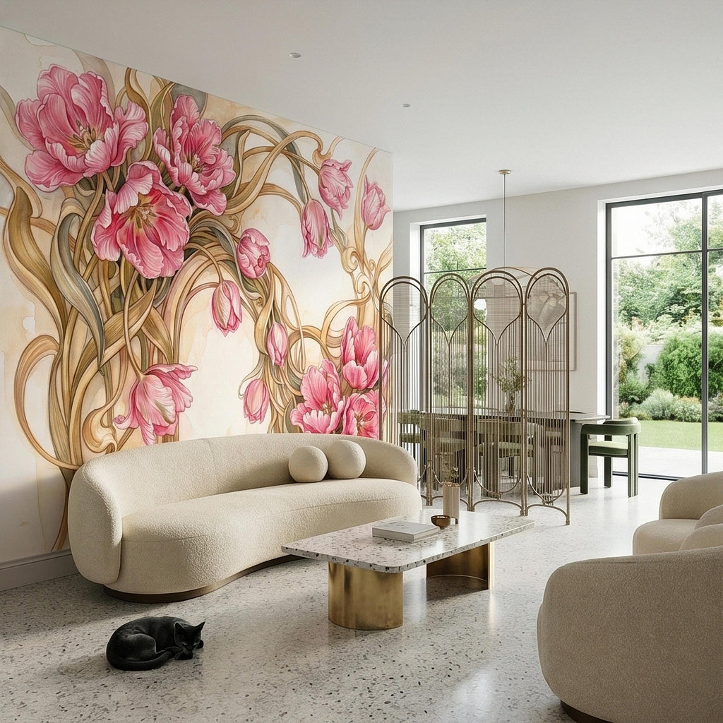 Pink Magnolia Flower Peel and Stick Wall Mural, Watercolor Floral Art Nouveau Swirls on Cream, Romantic Botanical Wallpaper