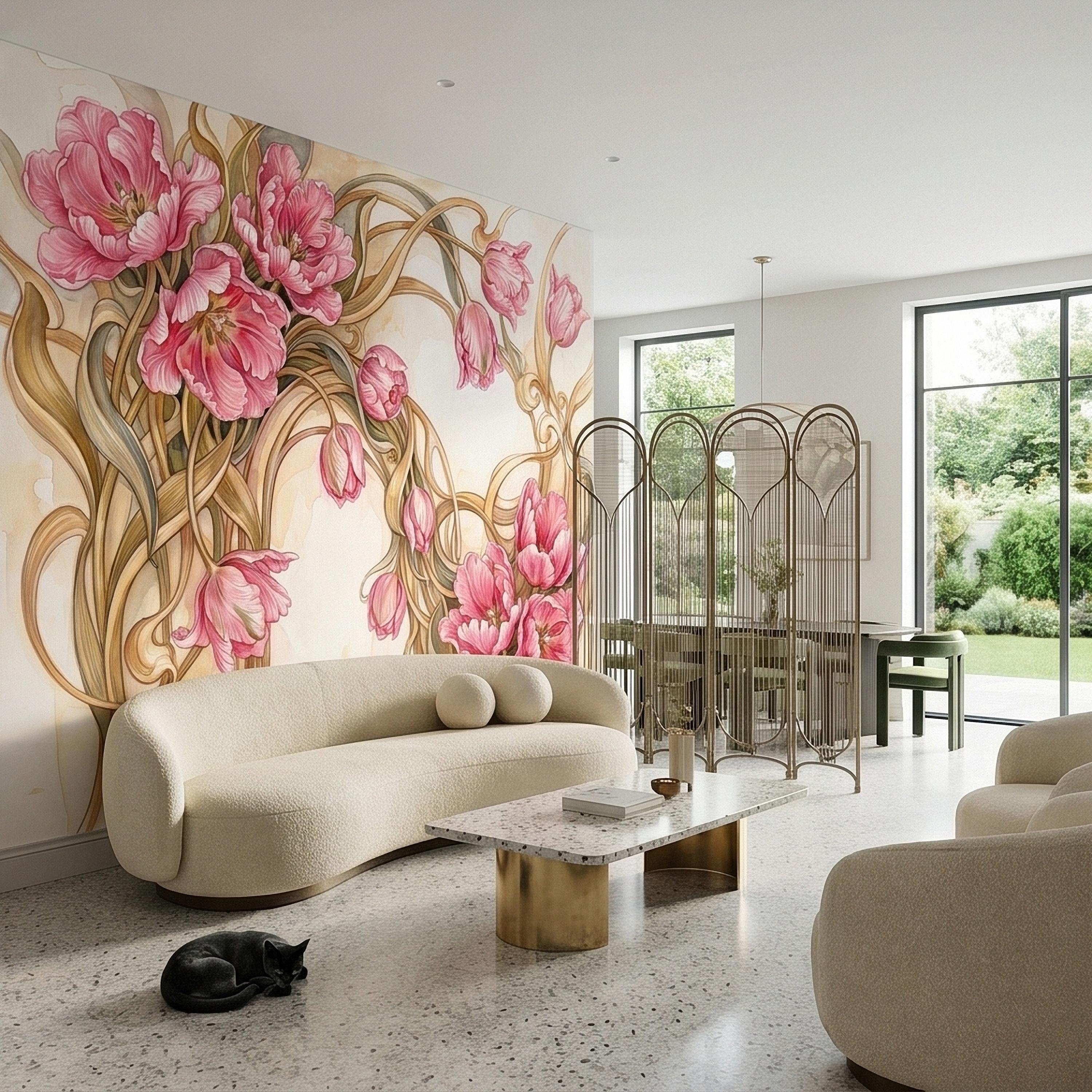 Pink Magnolia Flower Peel and Stick Wall Mural, Watercolor Floral Art Nouveau Swirls on Cream, Romantic Botanical Wallpaper