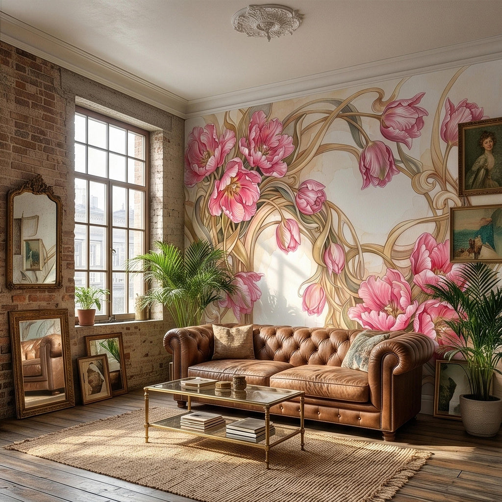 Pink Magnolia Flower Peel and Stick Wall Mural, Watercolor Floral Art Nouveau Swirls on Cream, Romantic Botanical Wallpaper