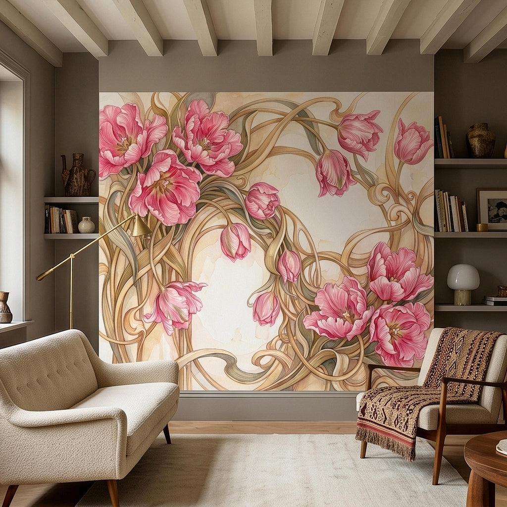 Pink Magnolia Flower Peel and Stick Wall Mural, Watercolor Floral Art Nouveau Swirls on Cream, Romantic Botanical Wallpaper