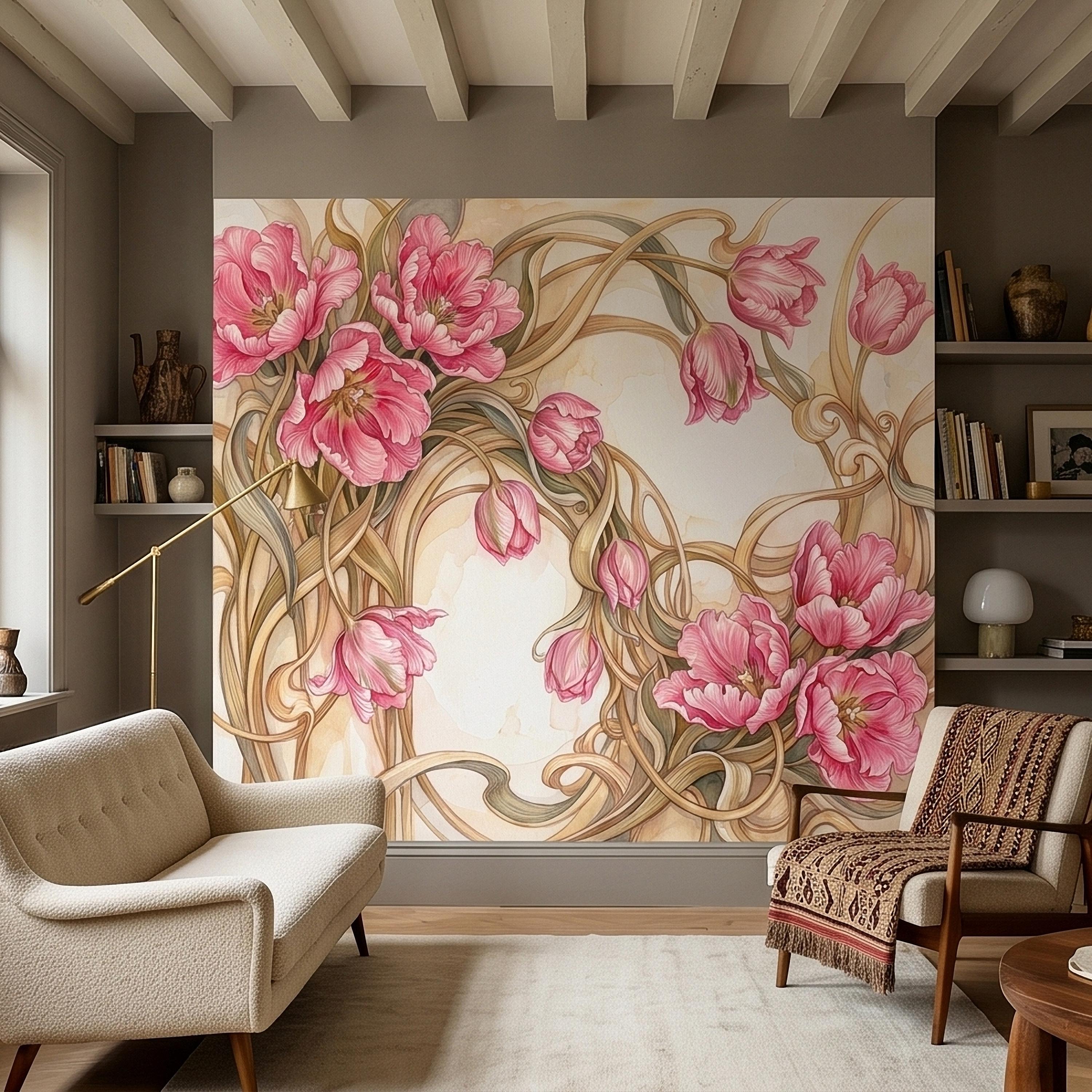 Pink Magnolia Flower Peel and Stick Wall Mural, Watercolor Floral Art Nouveau Swirls on Cream, Romantic Botanical Wallpaper
