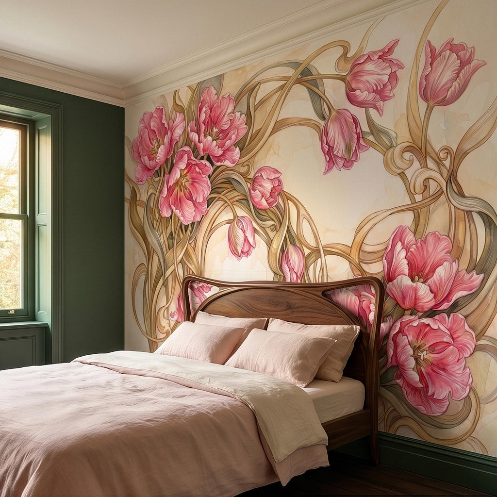 Pink Magnolia Flower Peel and Stick Wall Mural, Watercolor Floral Art Nouveau Swirls on Cream, Romantic Botanical Wallpaper