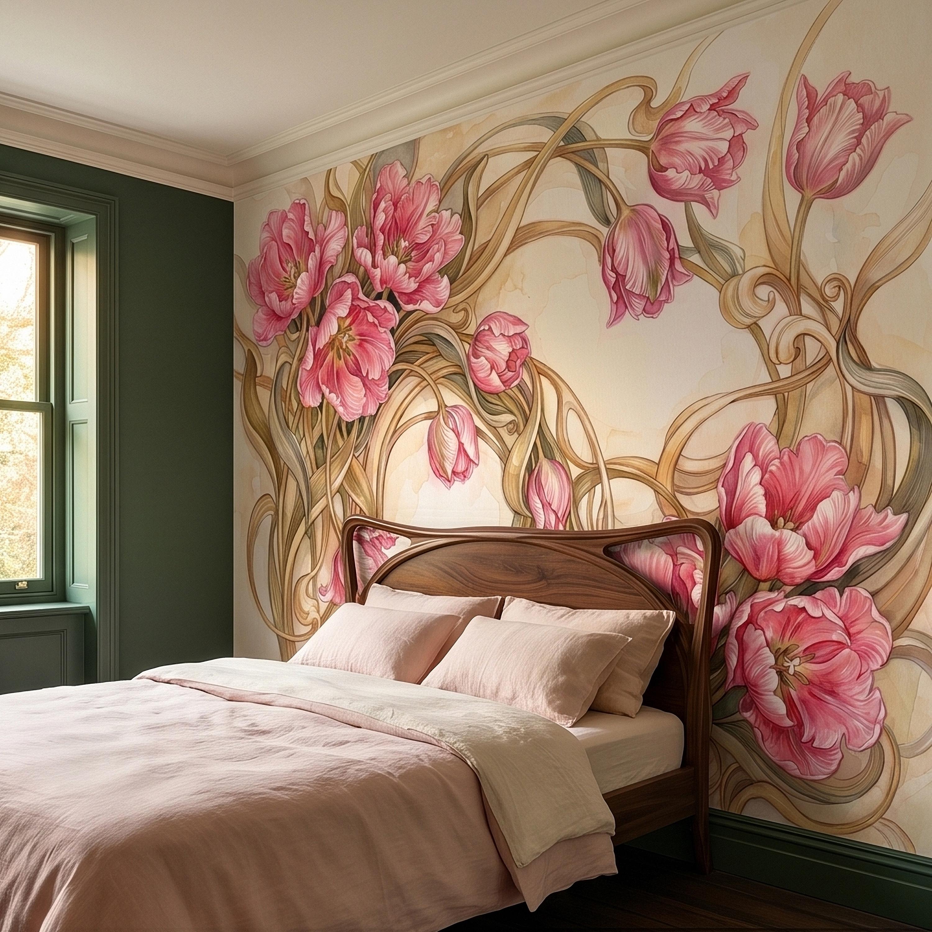 Pink Magnolia Flower Peel and Stick Wall Mural, Watercolor Floral Art Nouveau Swirls on Cream, Romantic Botanical Wallpaper