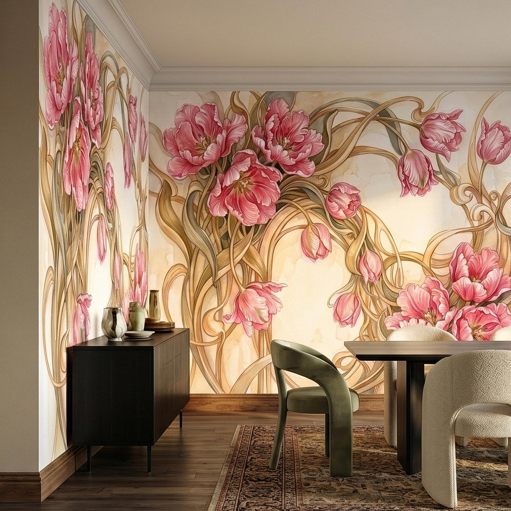 Pink Magnolia Flower Peel and Stick Wall Mural, Watercolor Floral Art Nouveau Swirls on Cream, Romantic Botanical Wallpaper
