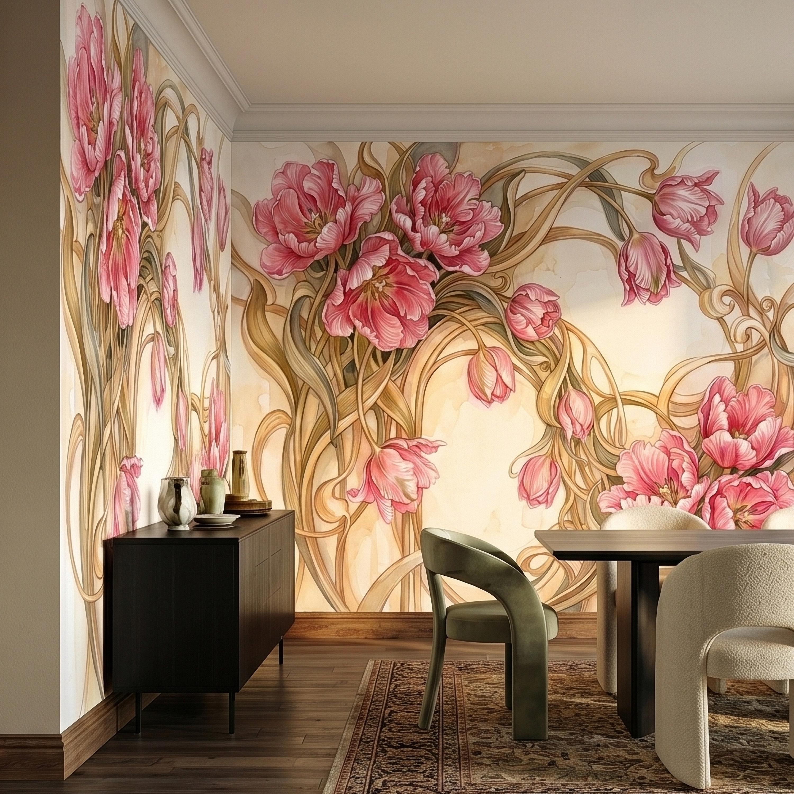 Pink Magnolia Flower Peel and Stick Wall Mural, Watercolor Floral Art Nouveau Swirls on Cream, Romantic Botanical Wallpaper