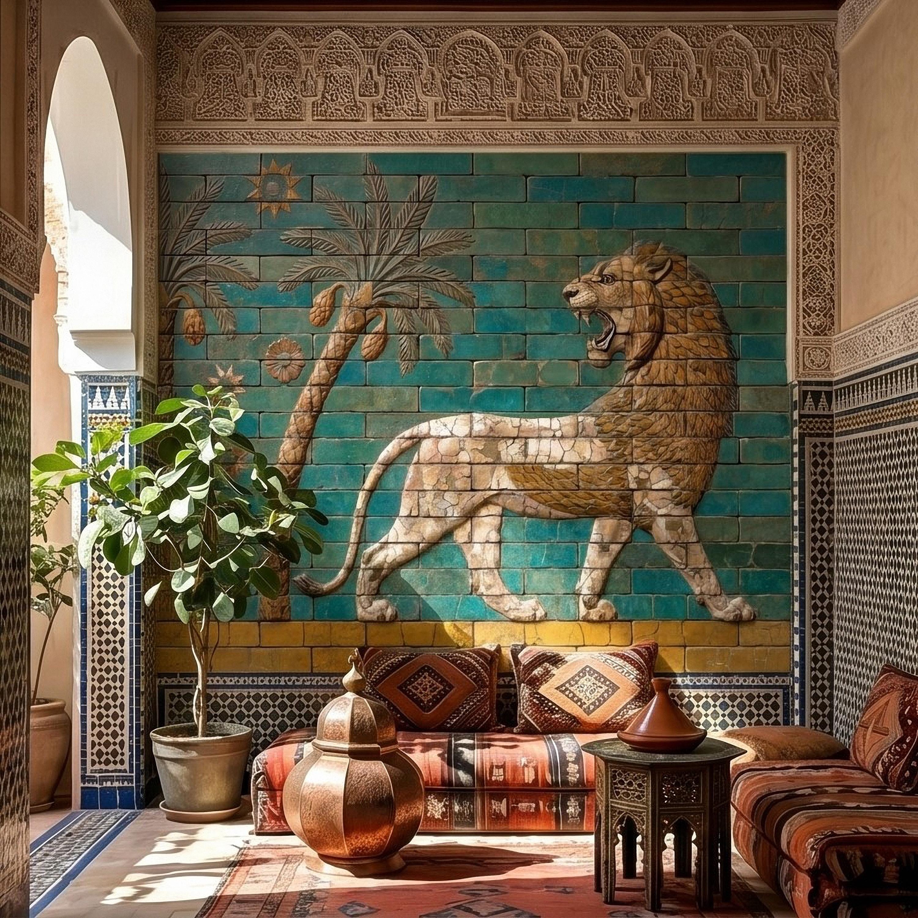 Ancient Babylon Ishtar Gate Lion Style Peel and Stick Wall Mural, Glazed Brick Relief Near Eastern Mesopotamian Palace Archaeology Wallpaper