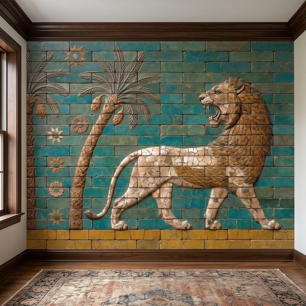 Ancient Babylon Ishtar Gate Lion Style Peel and Stick Wall Mural, Glazed Brick Relief Near Eastern Mesopotamian Palace Archaeology Wallpaper