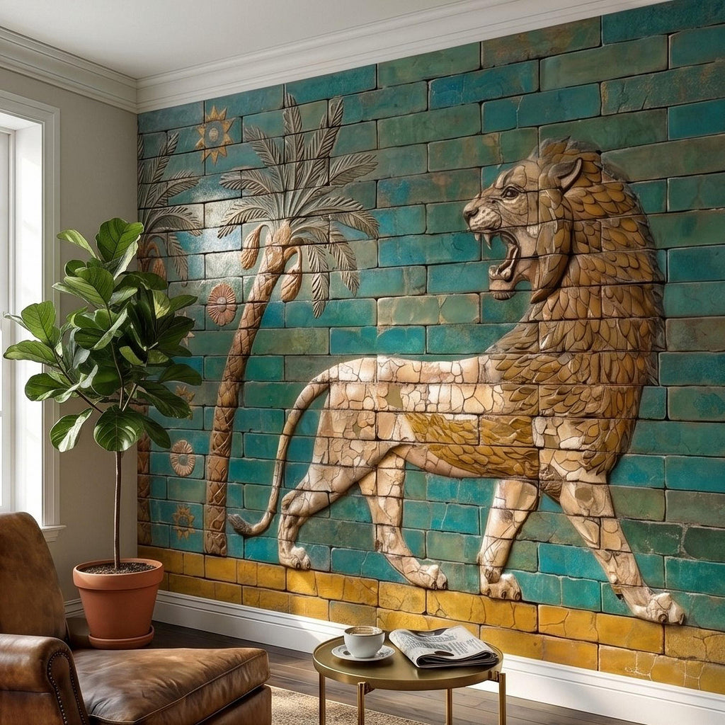 Ancient Babylon Ishtar Gate Lion Style Peel and Stick Wall Mural, Glazed Brick Relief Near Eastern Mesopotamian Palace Archaeology Wallpaper