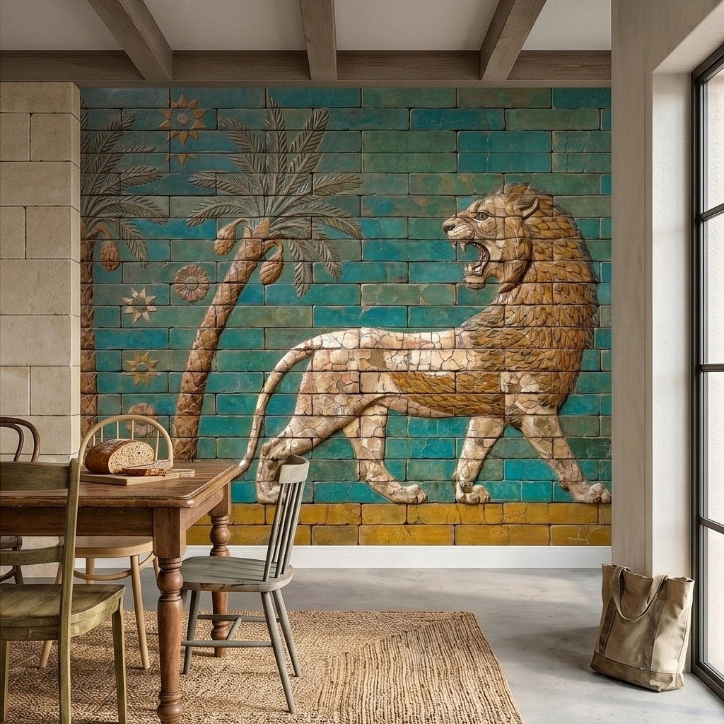 Ancient Babylon Ishtar Gate Lion Style Peel and Stick Wall Mural, Glazed Brick Relief Near Eastern Mesopotamian Palace Archaeology Wallpaper