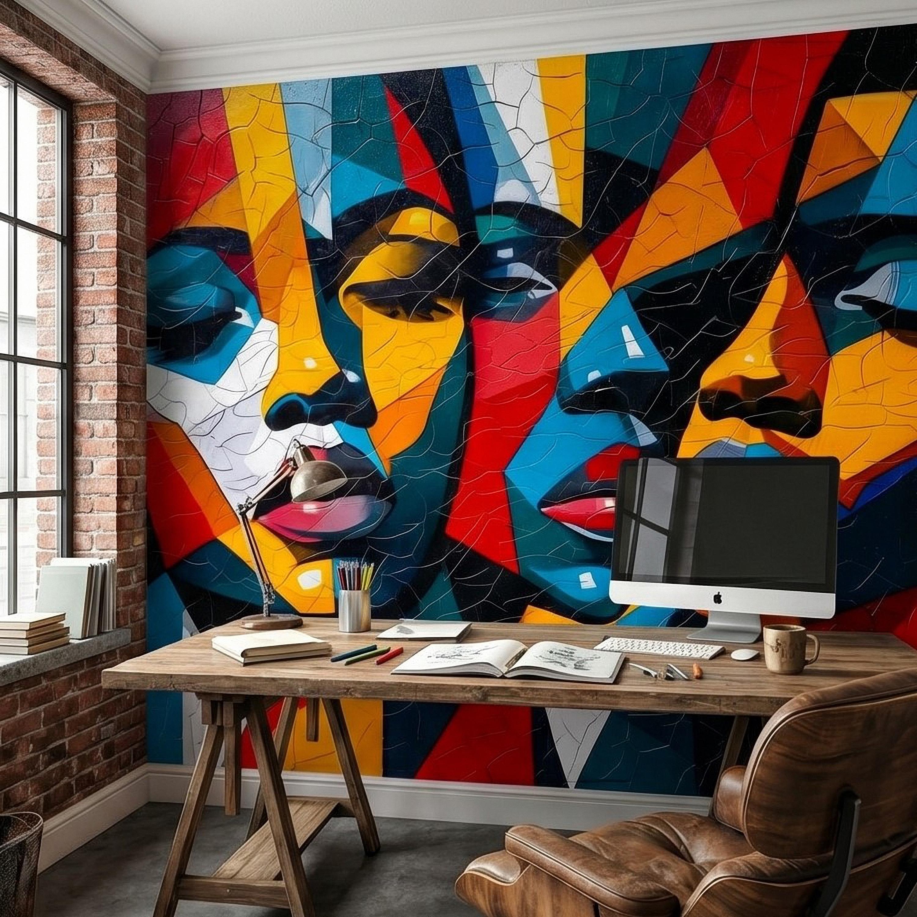 Abstract Cubist Faces Peel and Stick Wall Mural, Colorful Geometric Portrait Mosaic, Cracked Paint Texture, Modern Pop Art Wallpaper