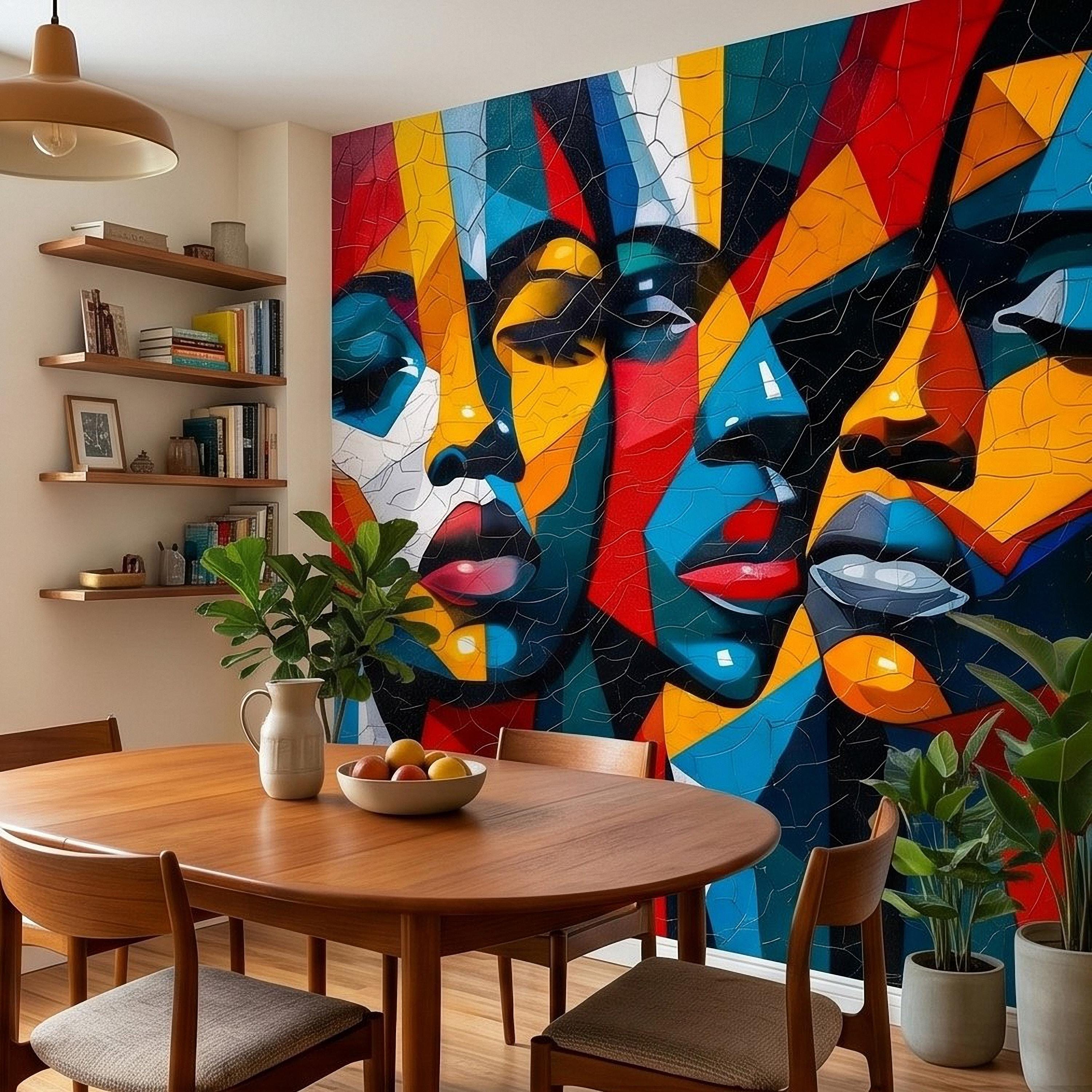 Abstract Cubist Faces Peel and Stick Wall Mural, Colorful Geometric Portrait Mosaic, Cracked Paint Texture, Modern Pop Art Wallpaper