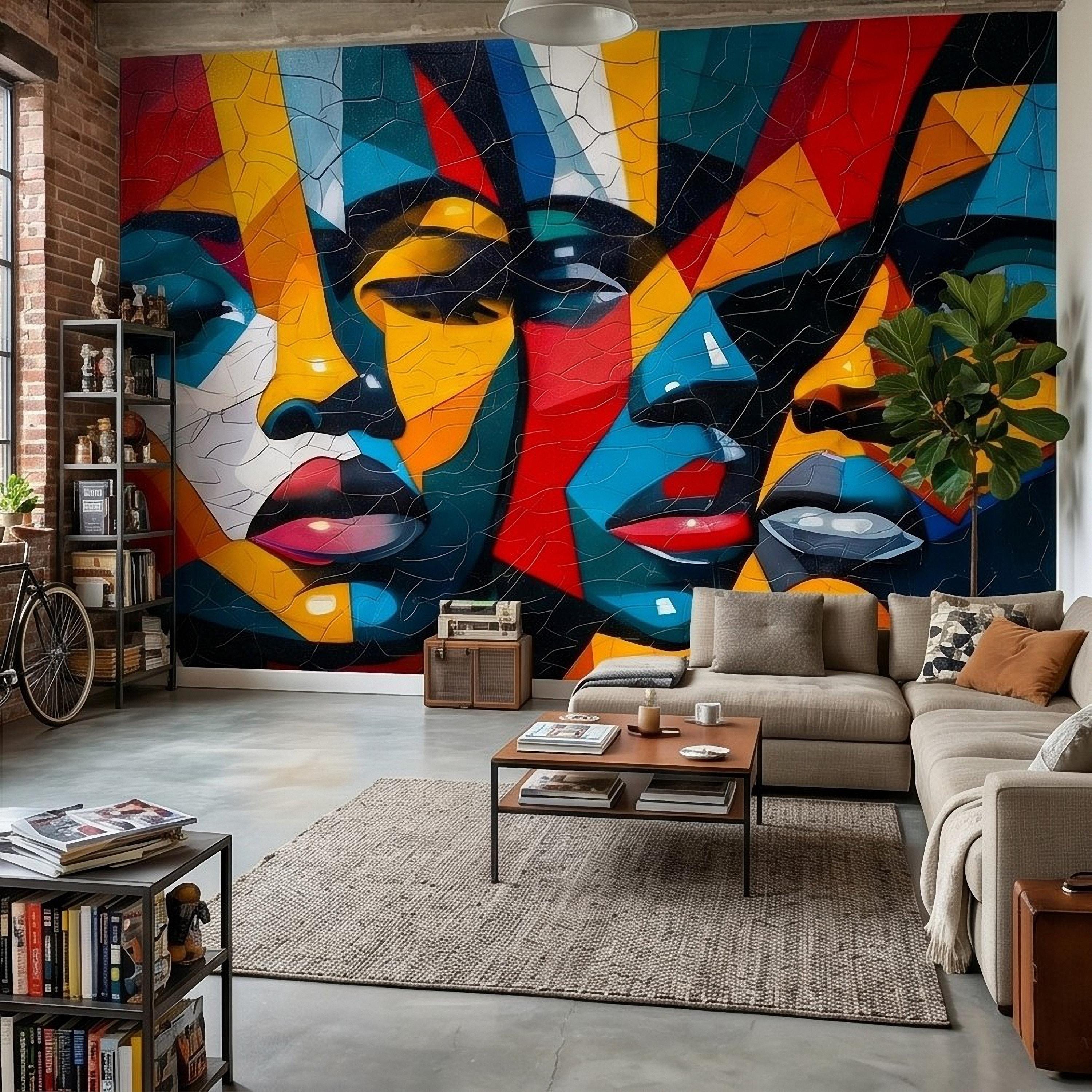 Abstract Cubist Faces Peel and Stick Wall Mural, Colorful Geometric Portrait Mosaic, Cracked Paint Texture, Modern Pop Art Wallpaper
