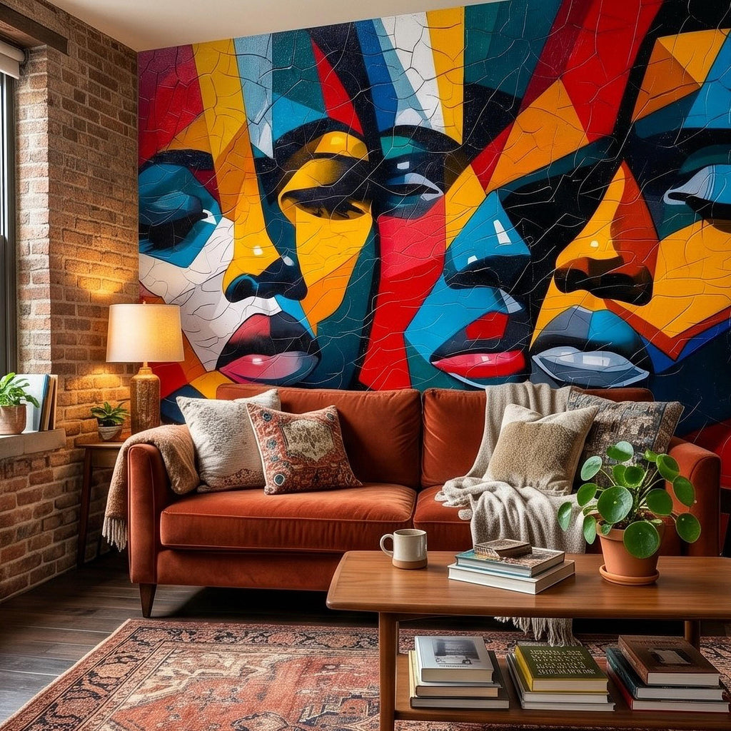 Abstract Cubist Faces Peel and Stick Wall Mural, Colorful Geometric Portrait Mosaic, Cracked Paint Texture, Modern Pop Art Wallpaper