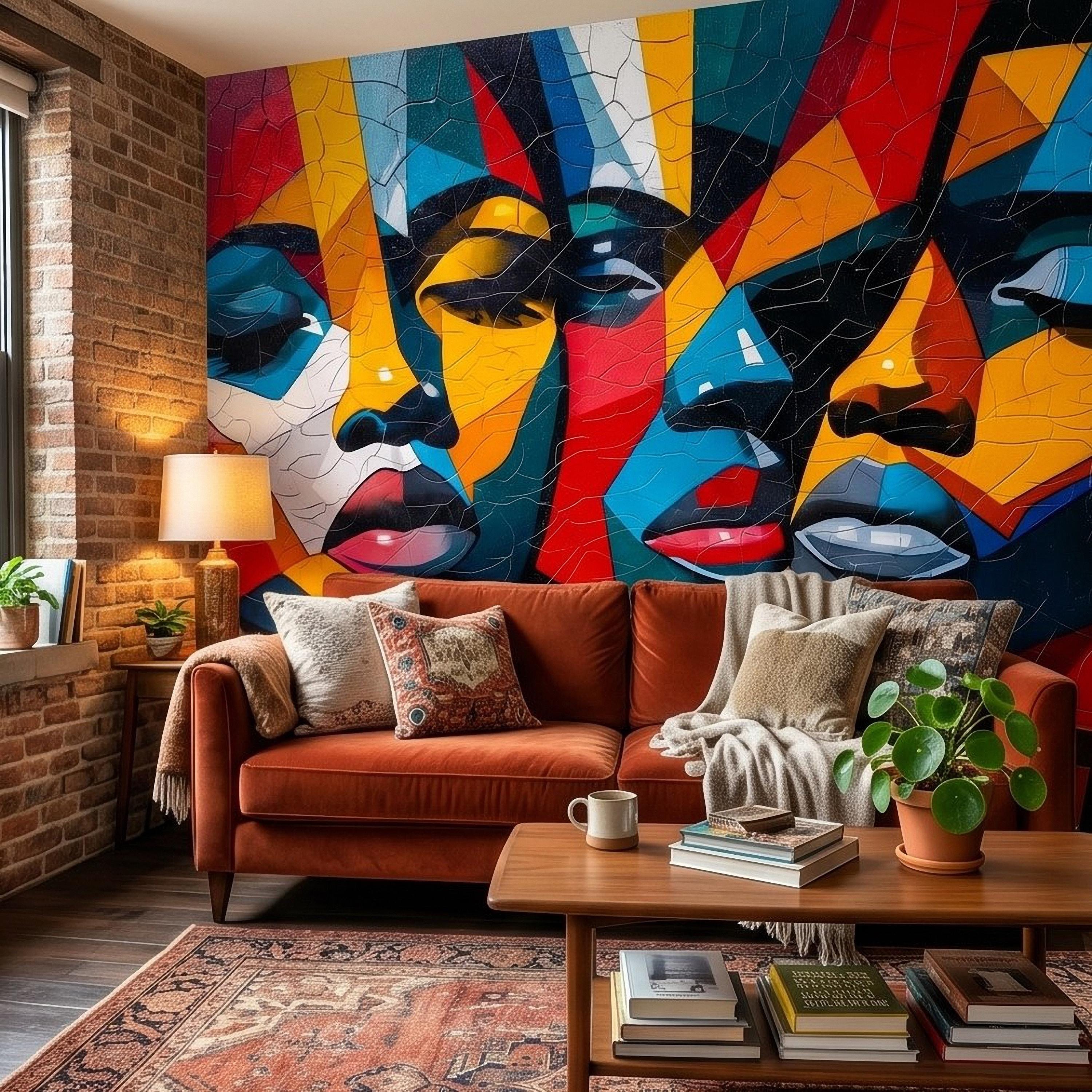 Abstract Cubist Faces Peel and Stick Wall Mural, Colorful Geometric Portrait Mosaic, Cracked Paint Texture, Modern Pop Art Wallpaper