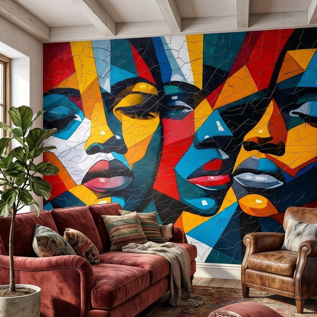 Abstract Cubist Faces Peel and Stick Wall Mural, Colorful Geometric Portrait Mosaic, Cracked Paint Texture, Modern Pop Art Wallpaper
