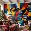 Abstract Cubist Faces Peel and Stick Wall Mural, Colorful Geometric Portrait Mosaic, Cracked Paint Texture, Modern Pop Art Wallpaper