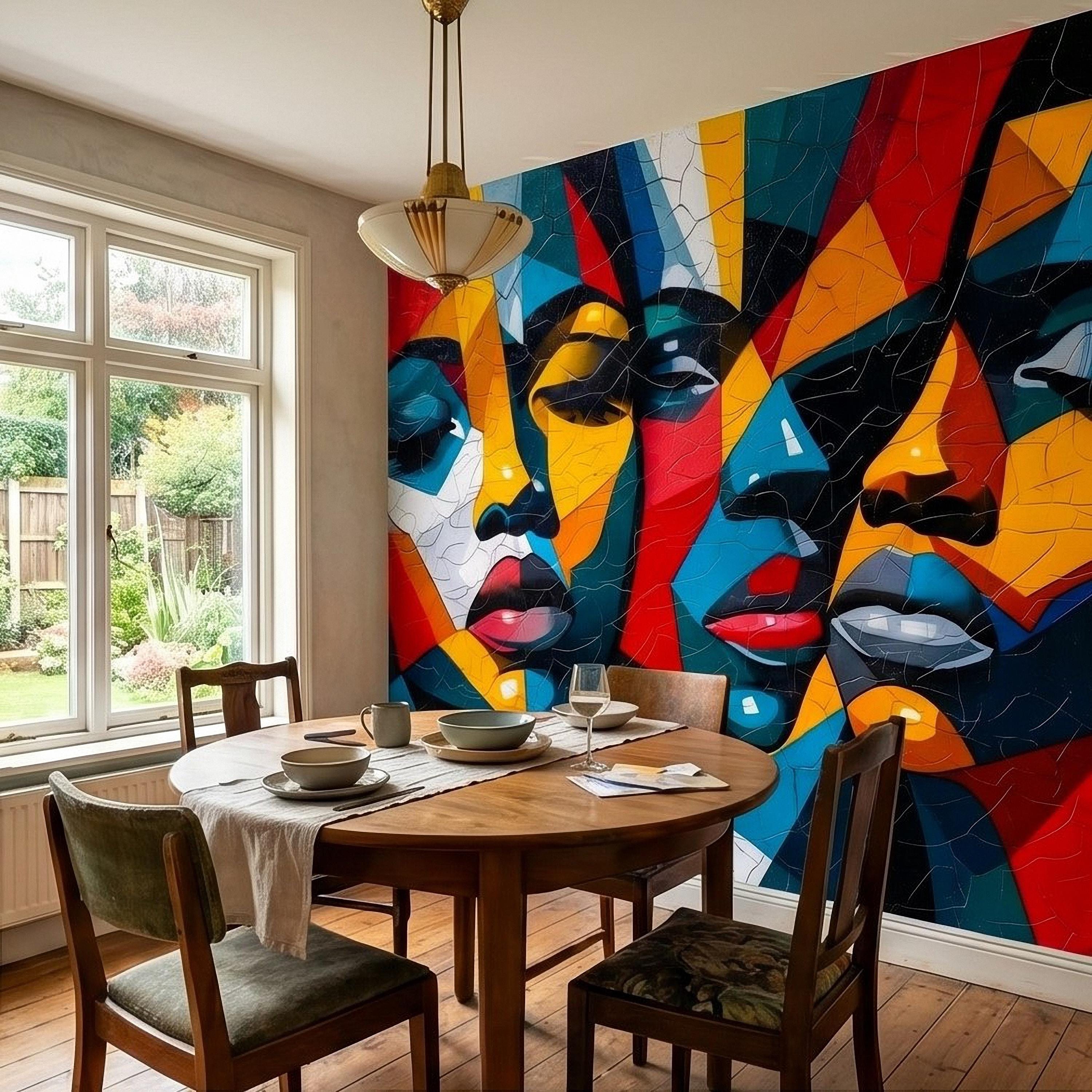 Abstract Cubist Faces Peel and Stick Wall Mural, Colorful Geometric Portrait Mosaic, Cracked Paint Texture, Modern Pop Art Wallpaper