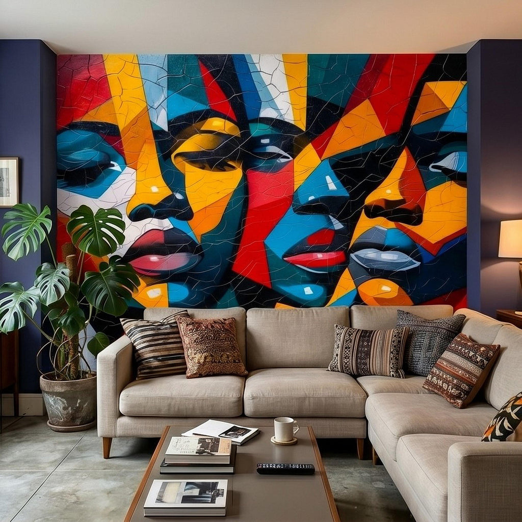 Abstract Cubist Faces Peel and Stick Wall Mural, Colorful Geometric Portrait Mosaic, Cracked Paint Texture, Modern Pop Art Wallpaper
