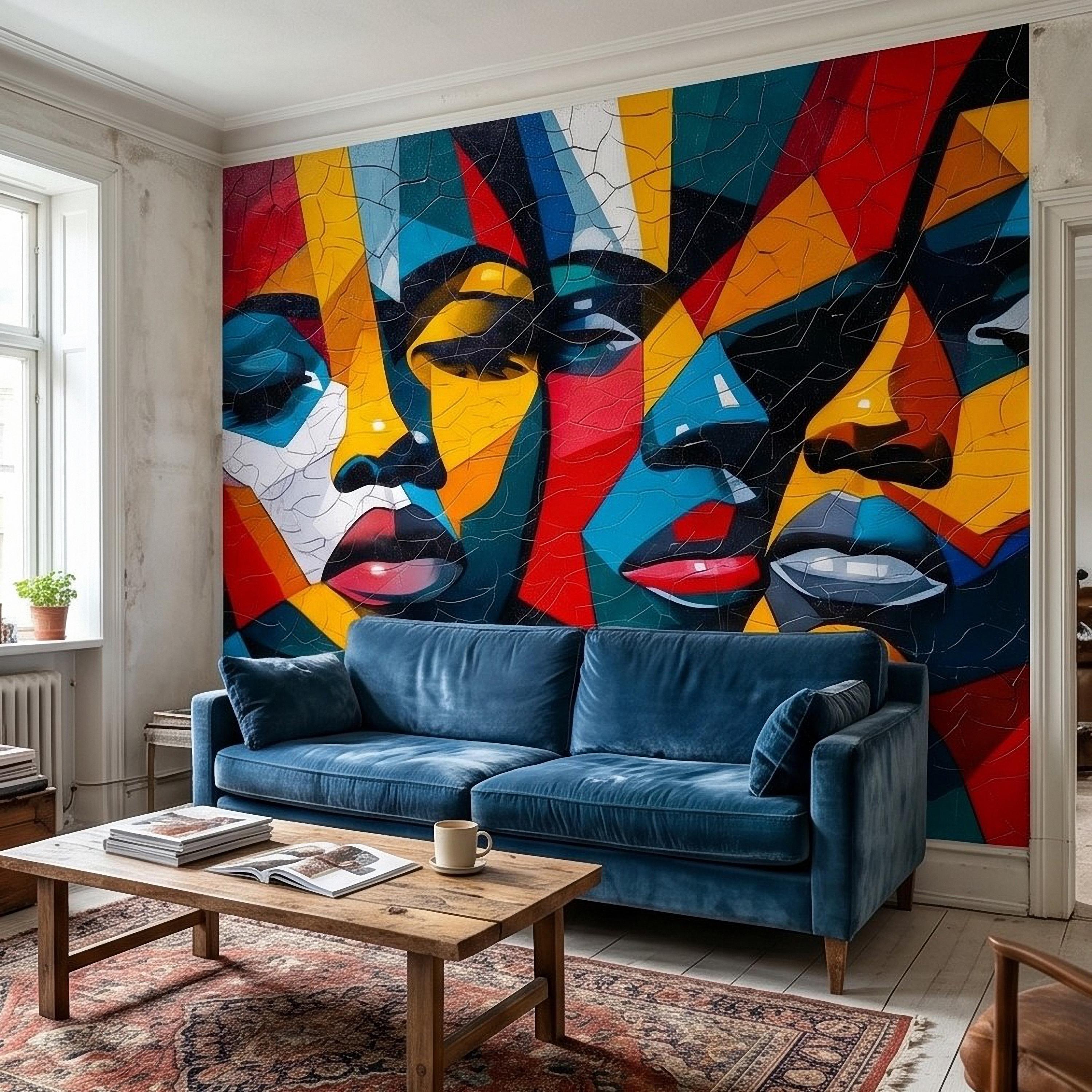 Abstract Cubist Faces Peel and Stick Wall Mural, Colorful Geometric Portrait Mosaic, Cracked Paint Texture, Modern Pop Art Wallpaper